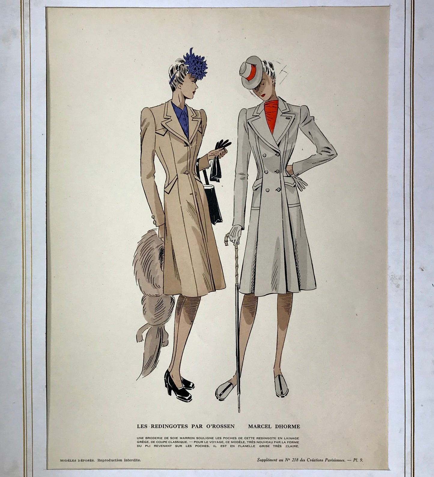 An Original Fashion Sketch, or Croquis, from ‘Les Creations Parisiennes’. A Hand Coloured Lithograph Print. 1945. Large: 32.5 x 24.8 cms.