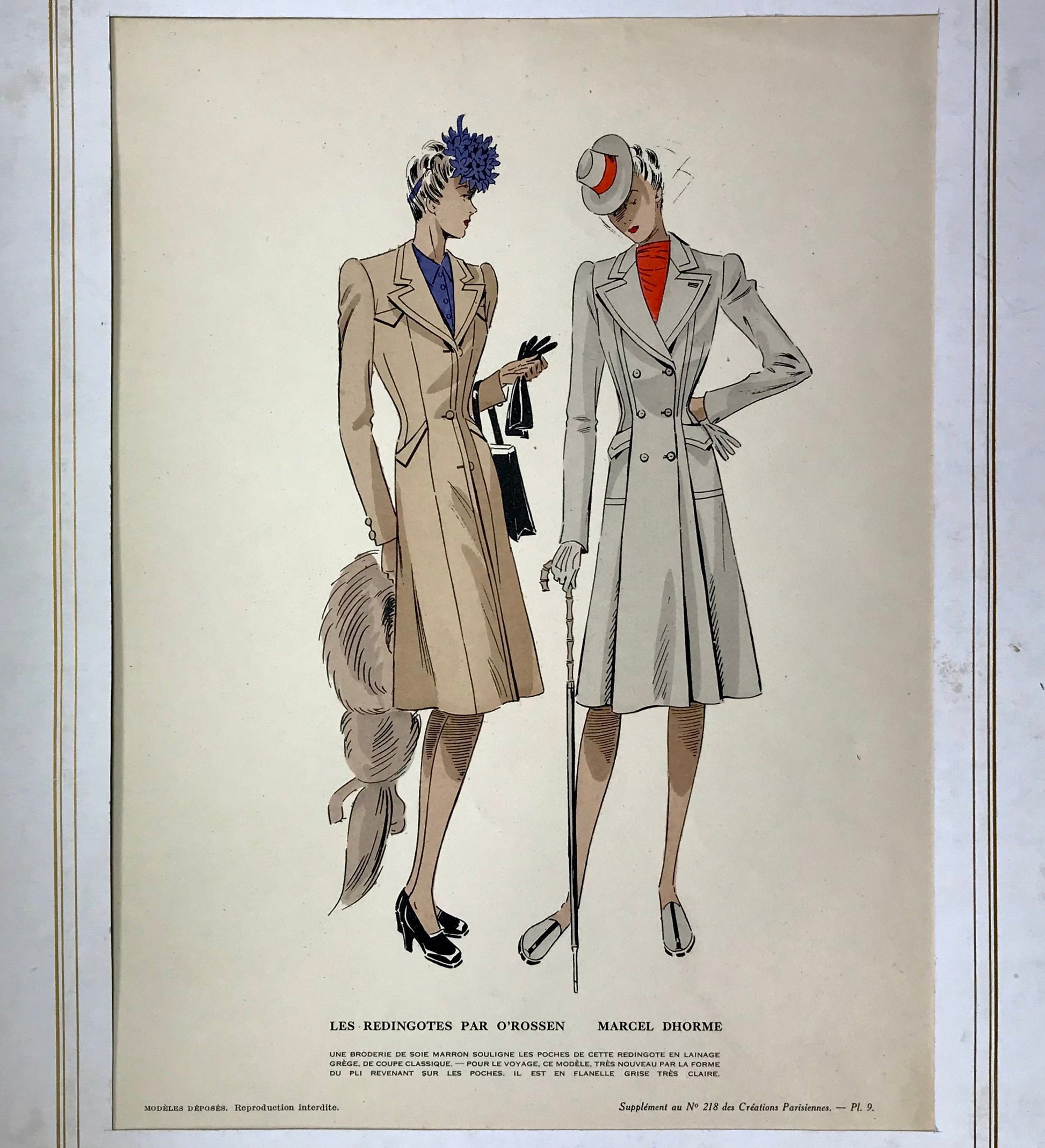 An Original Fashion Sketch, or Croquis, from ‘Les Creations Parisiennes’. A Hand Coloured Lithograph Print. 1945. Large: 32.5 x 24.8 cms.