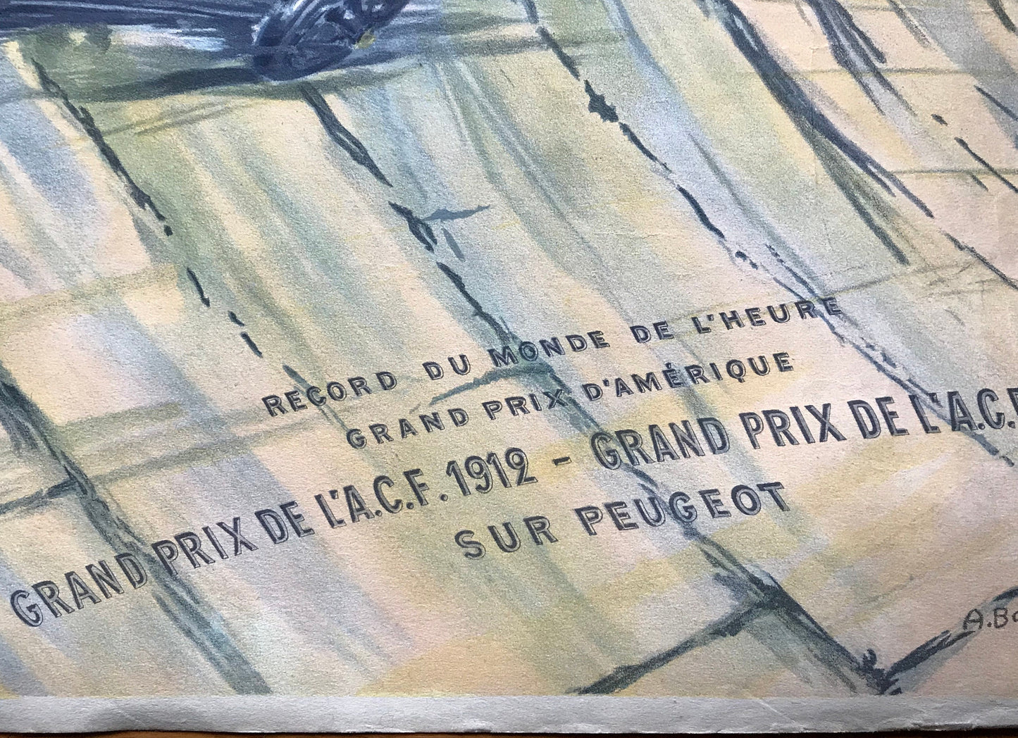 Record du monde de l’heure. Grand prix d’Amerique. Grand Prix de l’ACF 1912 et 1913 sur Peugeot. Original Lithograph by A Boswall. 1913.