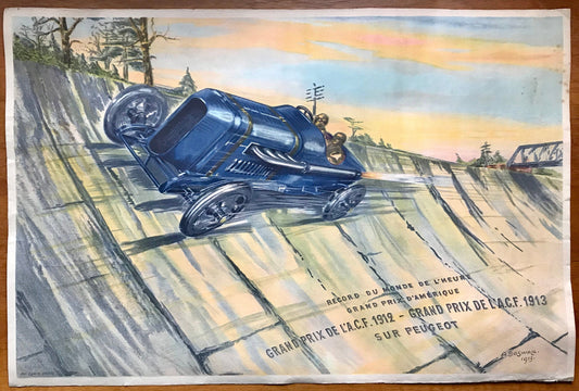 Record du monde de l’heure. Grand prix d’Amerique. Grand Prix de l’ACF 1912 et 1913 sur Peugeot. Original Lithograph by A Boswall. 1913.