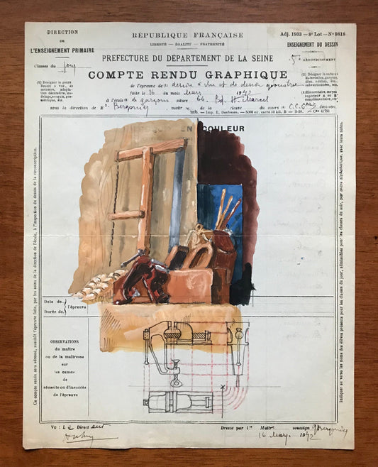 An original artwork. An Examination Piece from a Parisian Art School. Dated 1942. Size: 27 x 21 cms.