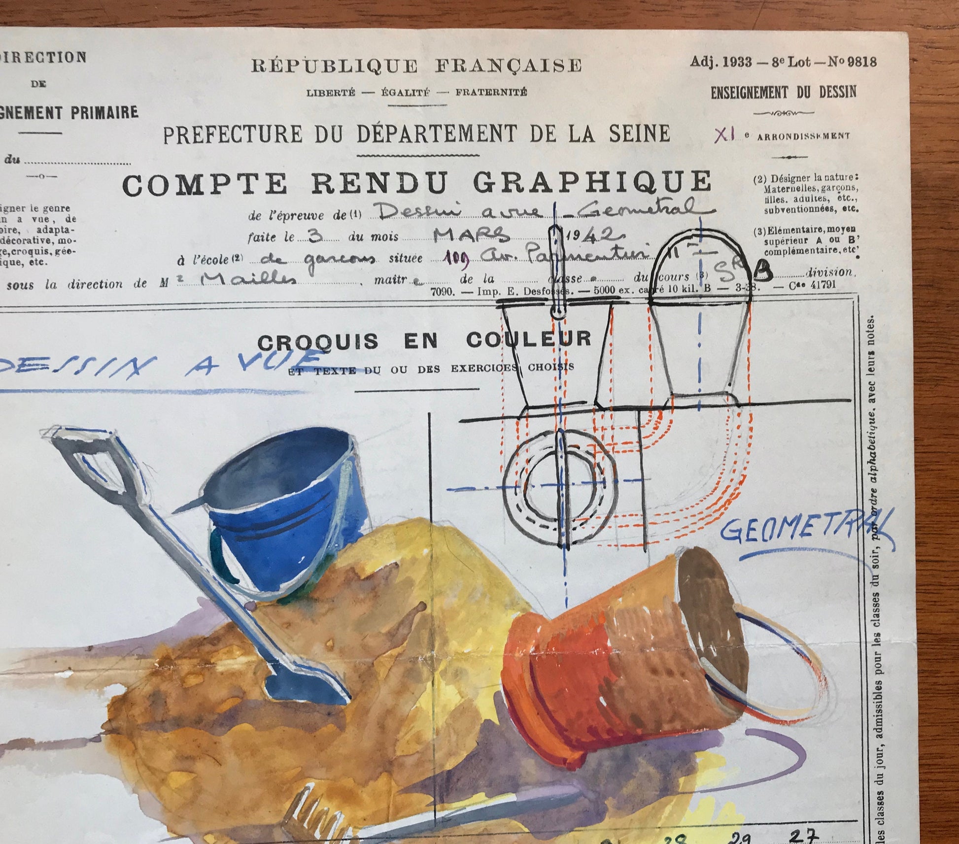 An original artwork. An Examination Piece from a Parisian Art School. Dated 1942. Size: 27 x 21 cms.