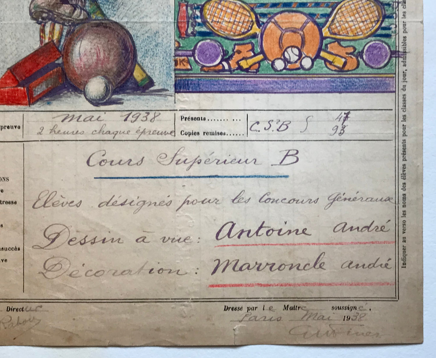 An original artwork. An Examination Piece from a Parisian Art School. Dated 1938. Size: 27 x 21 cms.