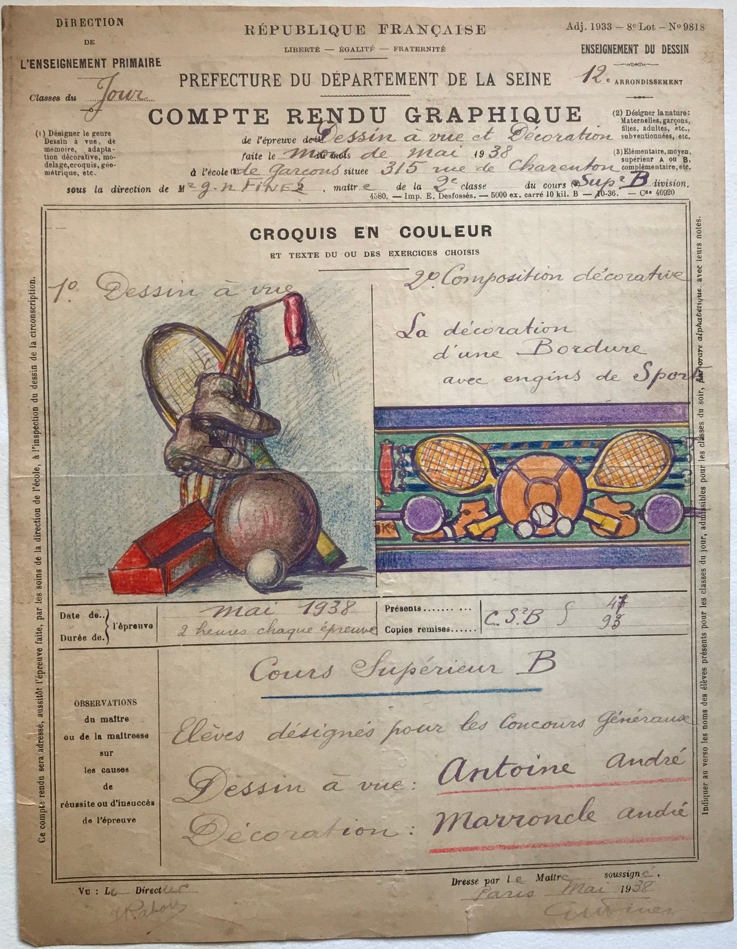 An original artwork. An Examination Piece from a Parisian Art School. Dated 1938. Size: 27 x 21 cms.