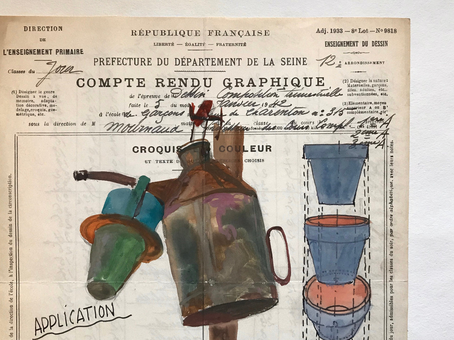 An original artwork. An Examination Piece from a Parisian Art School. Dated 1942. Size: 27 x 21 cms.