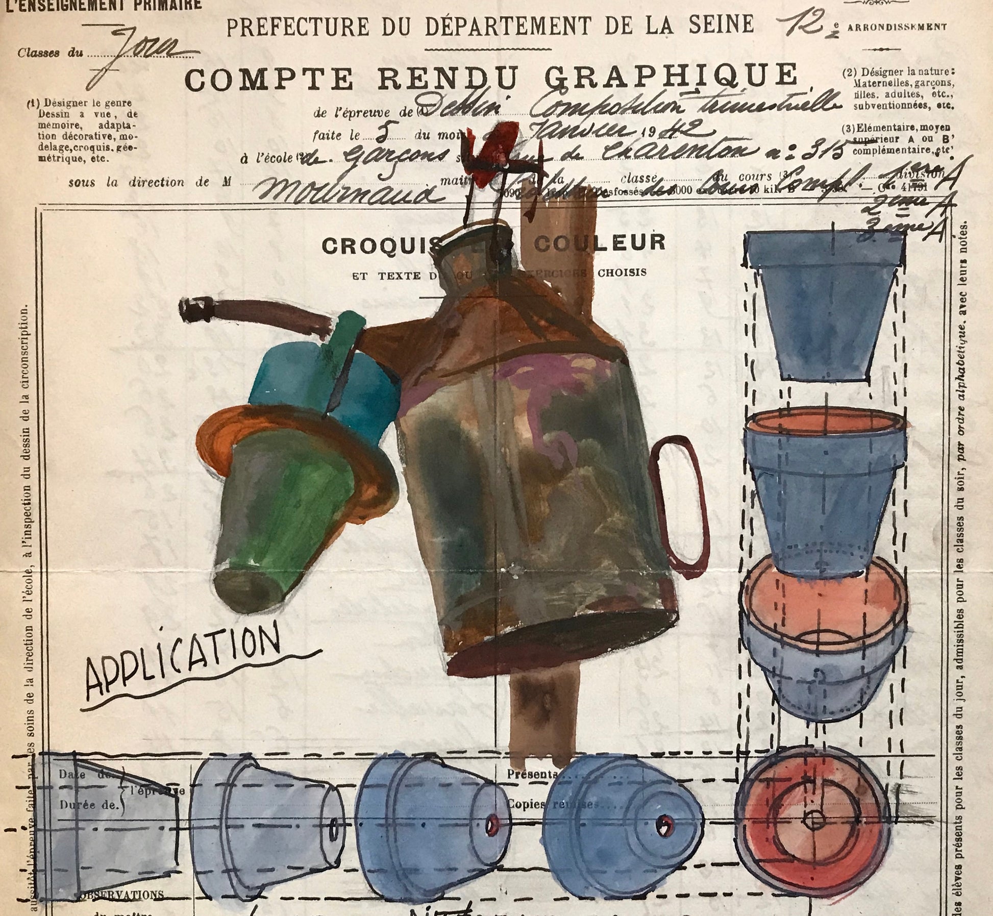 An original artwork. An Examination Piece from a Parisian Art School. Dated 1942. Size: 27 x 21 cms.