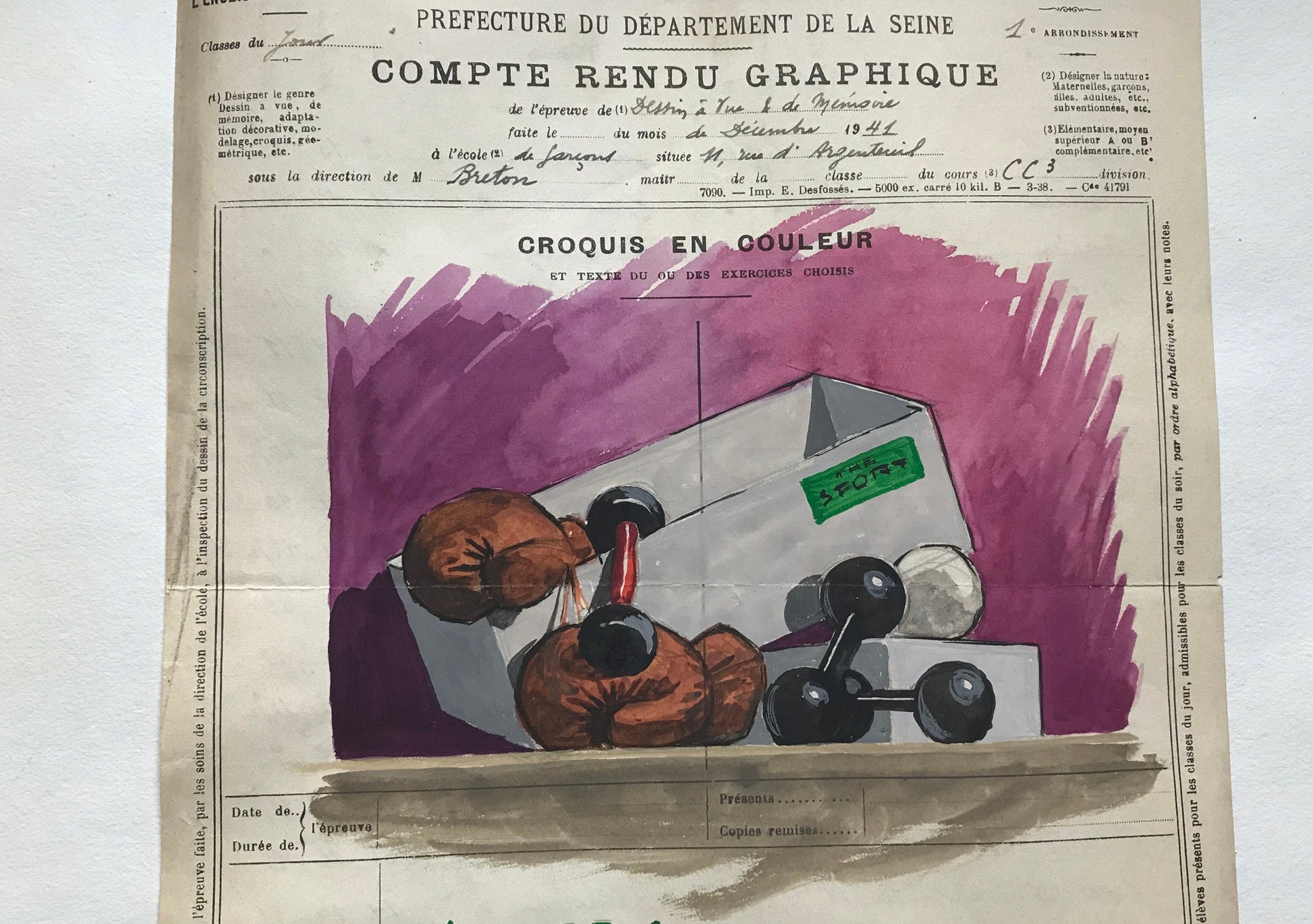 An original artwork. An Examination Piece from a Parisian Art School. Dated 1941. Size: 27 x 21 cms.