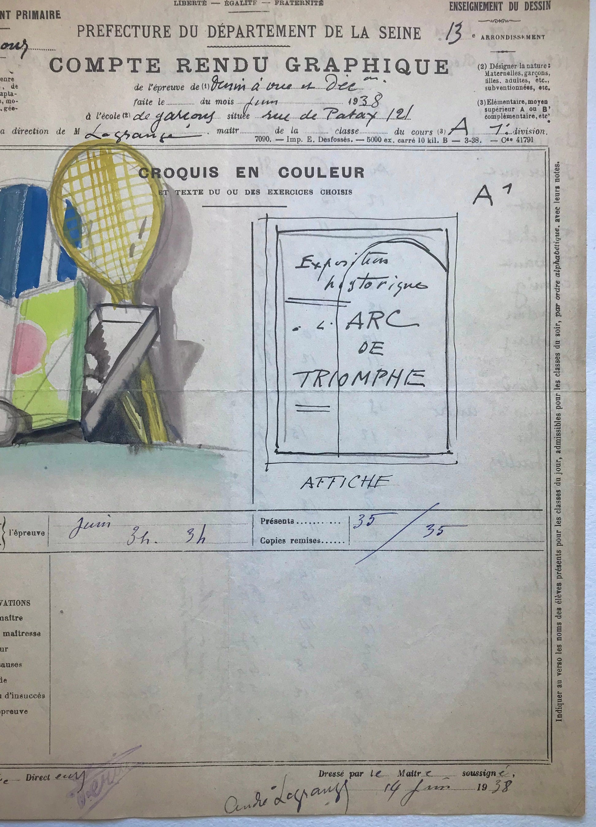 An original artwork. An Examination Piece from a Parisian Art School. Dated 1938. Size: 27 x 21 cms.