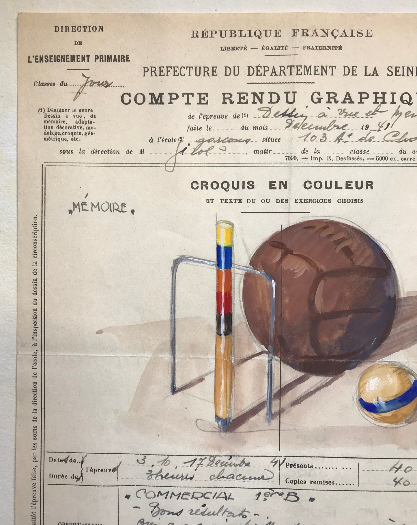 An original artwork. An Examination Piece from a Parisian Art School. Dated 1941. Size: 27 x 21 cms.