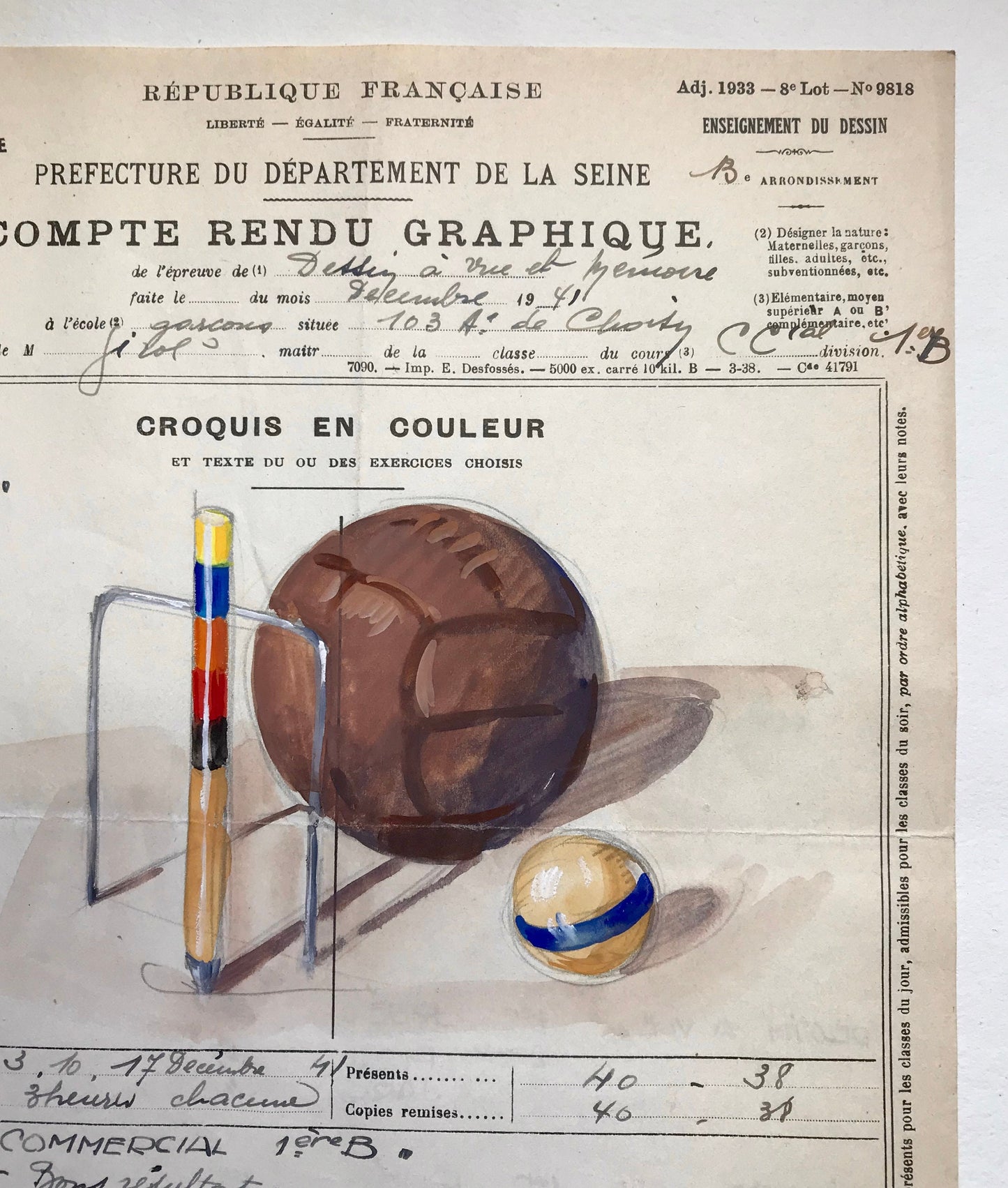 An original artwork. An Examination Piece from a Parisian Art School. Dated 1941. Size: 27 x 21 cms.