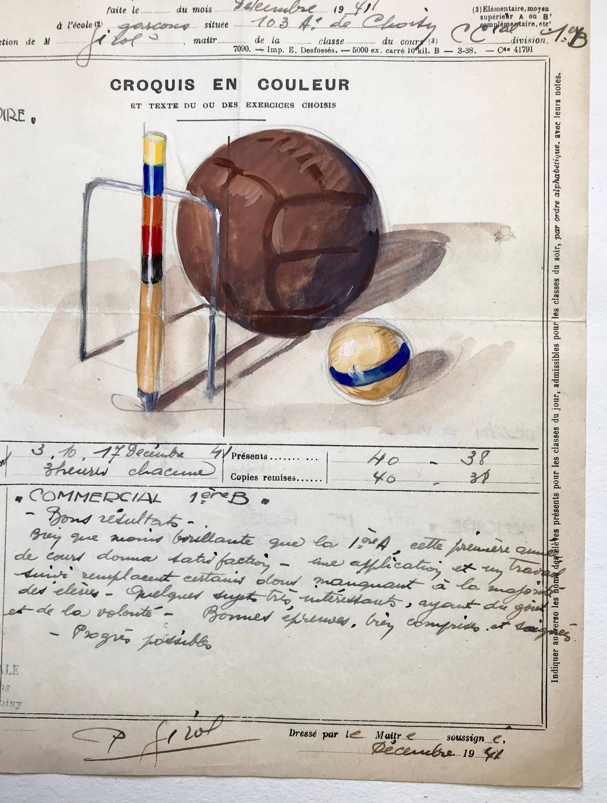An original artwork. An Examination Piece from a Parisian Art School. Dated 1941. Size: 27 x 21 cms.