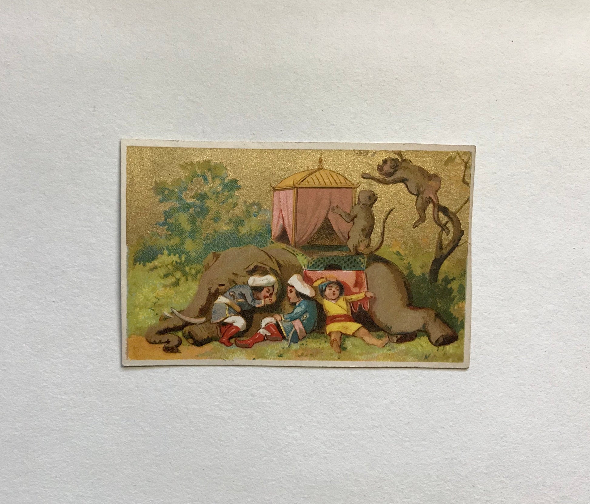 A Set of 6 French Trade Cards. Featuring the adventures of three mahouts and an elephant. Late 19th century. Size: 10 x 6.4 cms.