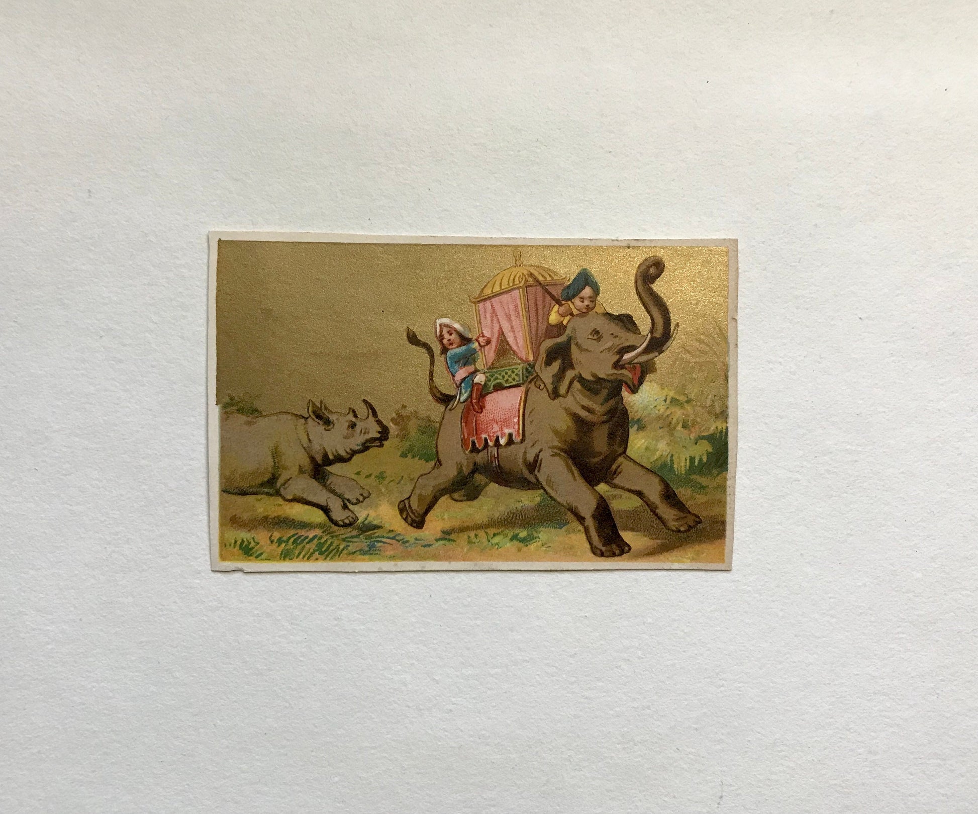 A Set of 6 French Trade Cards. Featuring the adventures of three mahouts and an elephant. Late 19th century. Size: 10 x 6.4 cms.