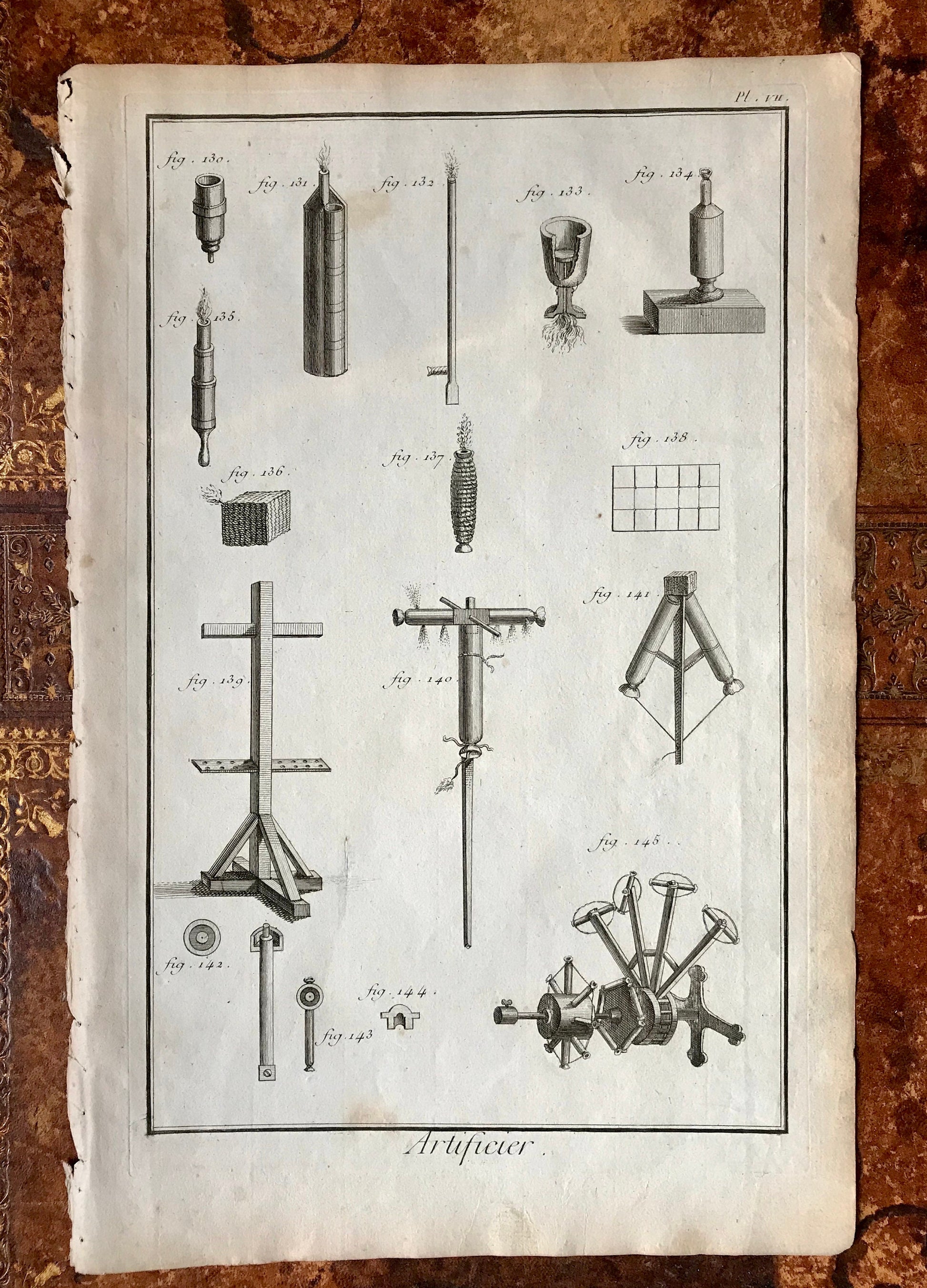 A Set of Seven antique Engraved Plates Illustrating the Manufacture of Fireworks - “Artificier”. Dated 1762. From the Recuil de Planche.