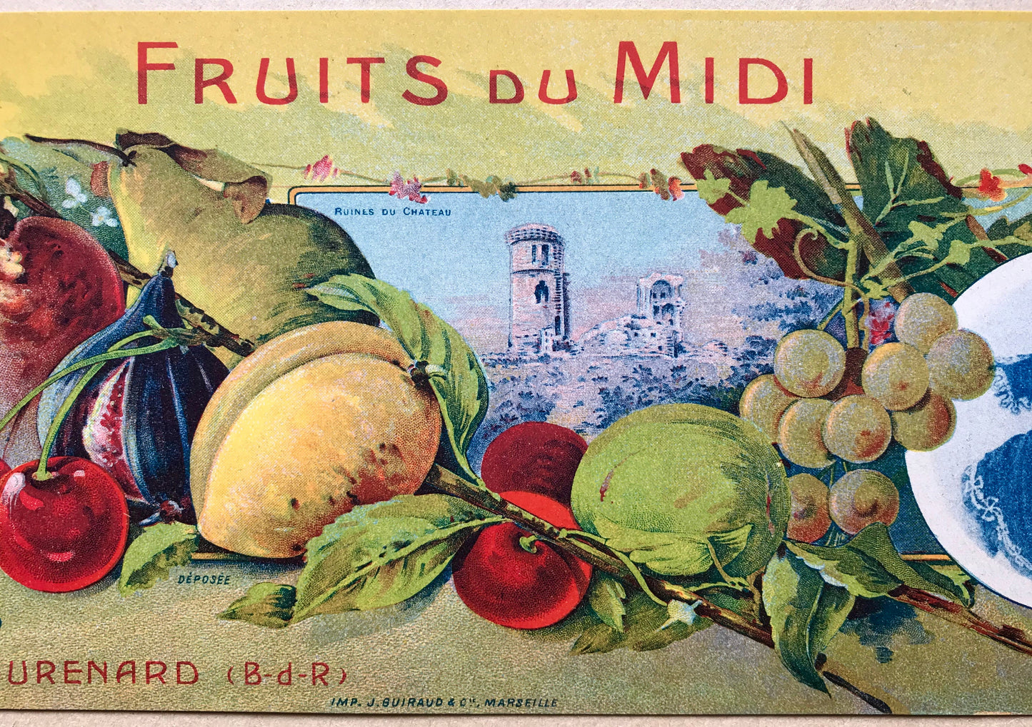 Fruits de Midi. A Label for a Fruit Crate From Marseille, France. Late 1800’s. Excellent Condition. Size: 12 x 35 cms.