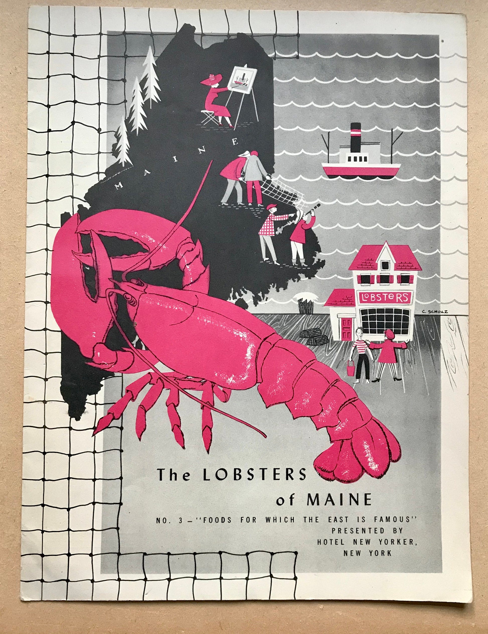 4 Original Menus Presented To Hotel Guests by The Hotel New Yorker in 1950. Artwork by C. Scholtz. Size: 30.5 x 23 cms.