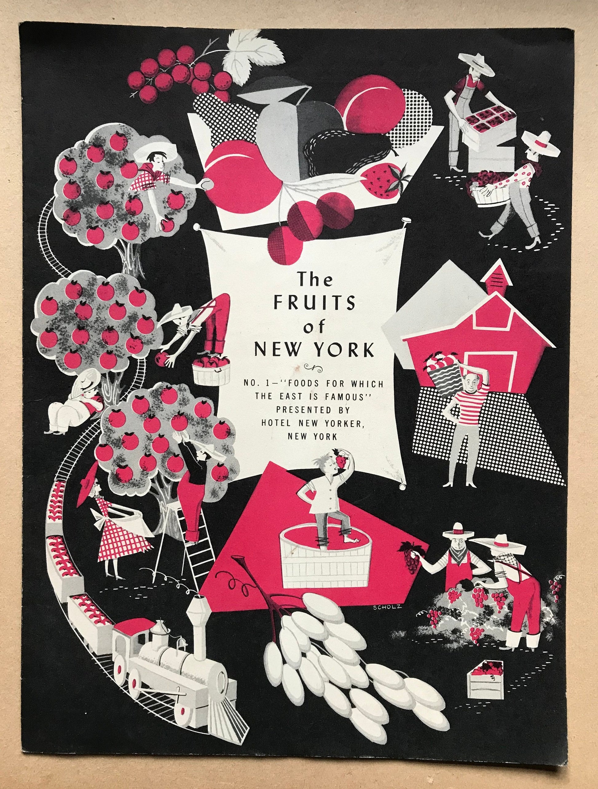 4 Original Menus Presented To Hotel Guests by The Hotel New Yorker in 1950. Artwork by C. Scholtz. Size: 30.5 x 23 cms.