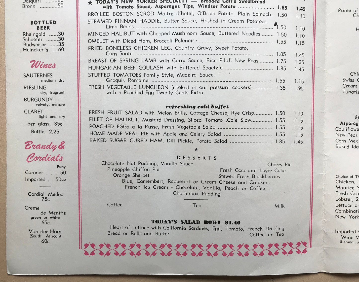 4 Original Menus Presented To Hotel Guests by The Hotel New Yorker in 1950. Artwork by C. Scholtz. Size: 30.5 x 23 cms.