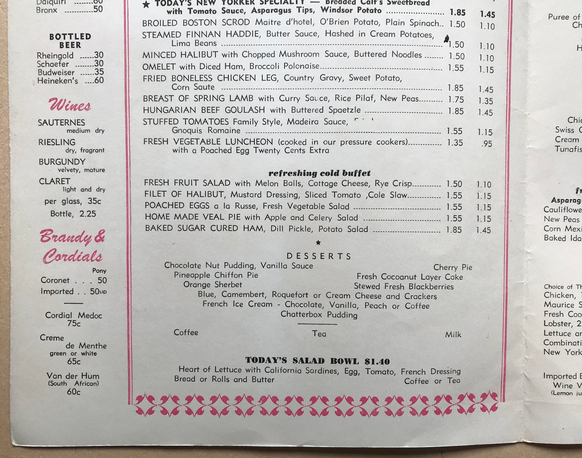 4 Original Menus Presented To Hotel Guests by The Hotel New Yorker in 1950. Artwork by C. Scholtz. Size: 30.5 x 23 cms.