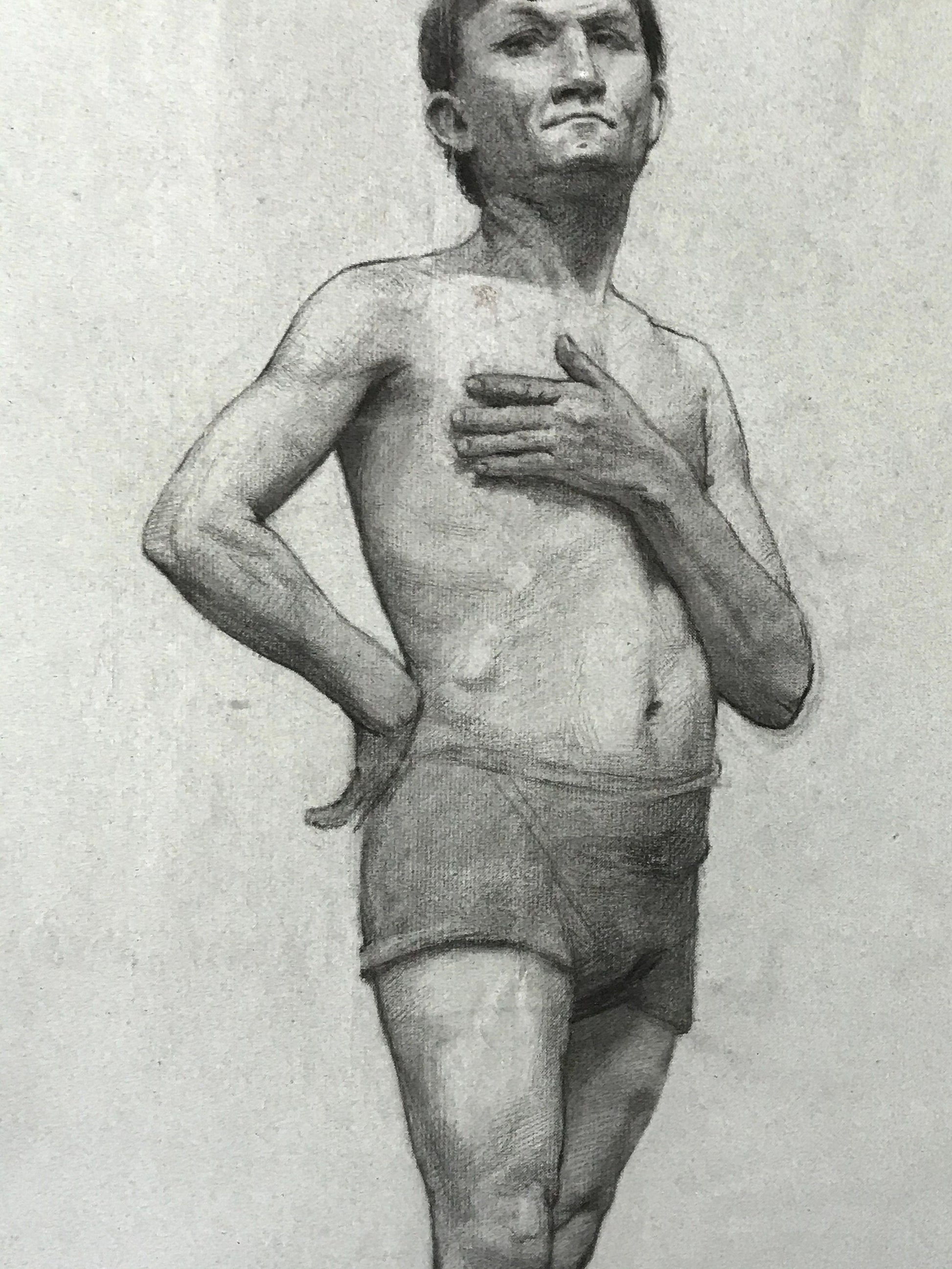 A Original Charcoal life Drawing of a Man. A French Art School Piece. Early 1900’s. Large: 61 x 49 cms.