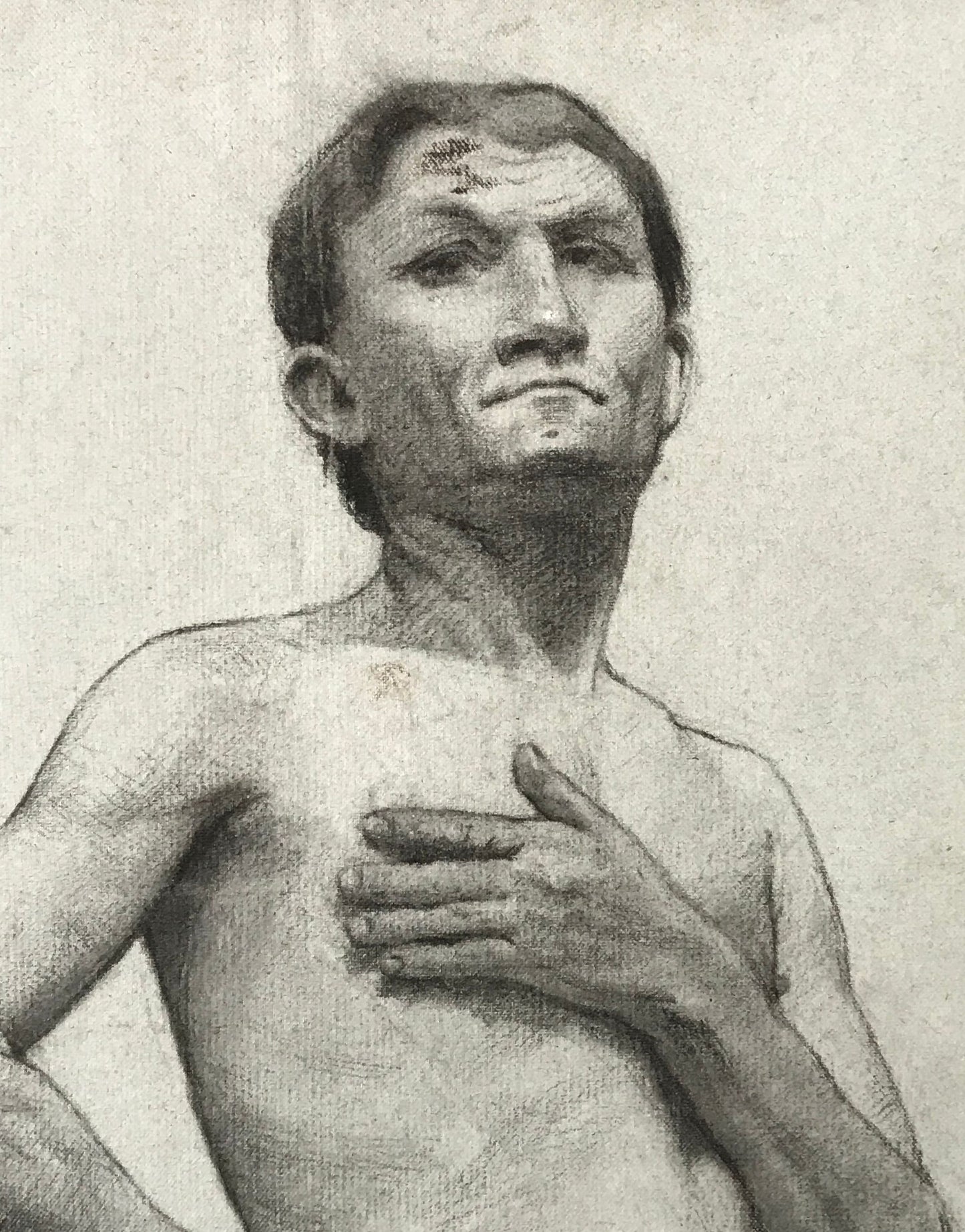A Original Charcoal life Drawing of a Man. A French Art School Piece. Early 1900’s. Large: 61 x 49 cms.