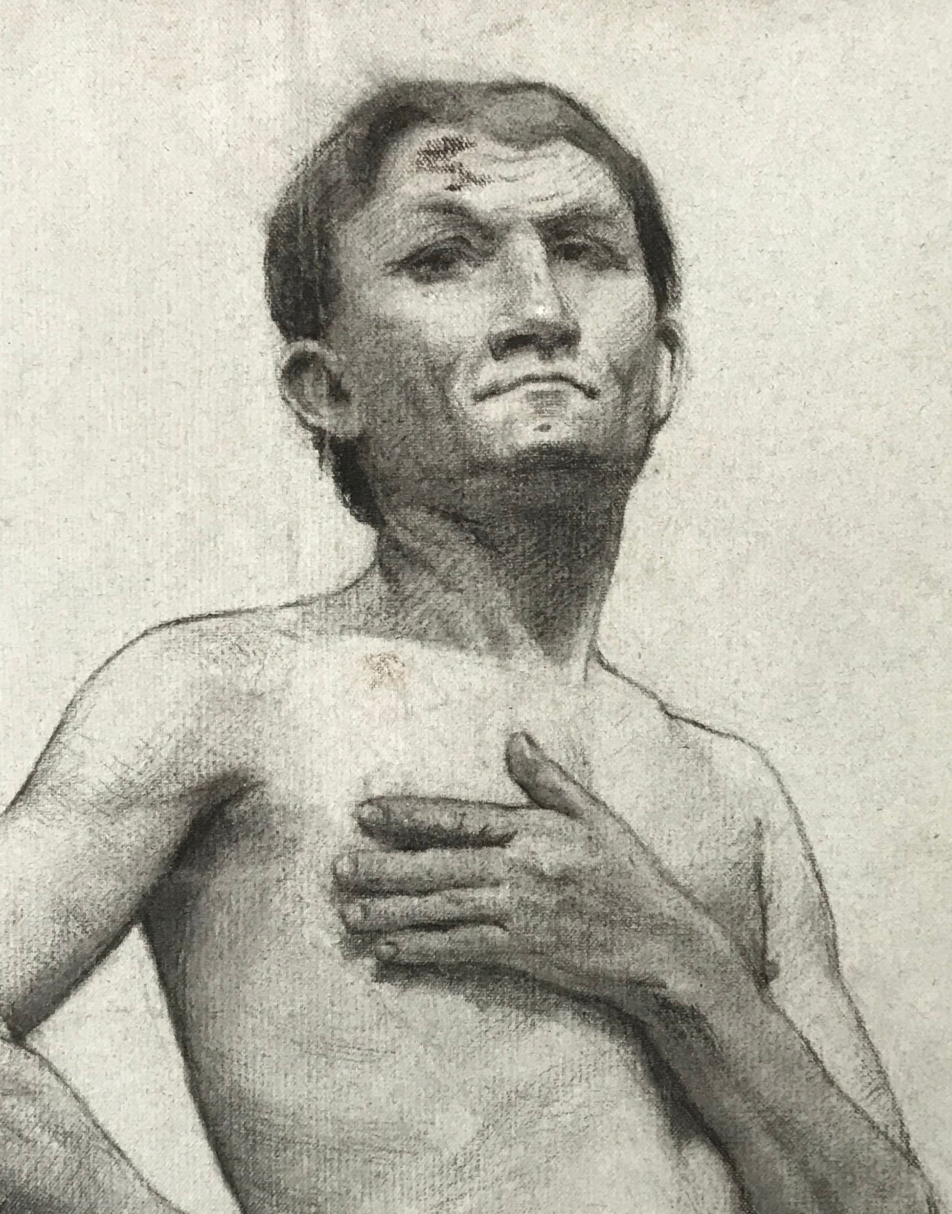 A Original Charcoal life Drawing of a Man. A French Art School Piece. Early 1900’s. Large: 61 x 49 cms.