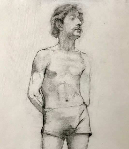 A Original Charcoal Life Drawing of a Man. A French Art School Piece. Early 1900’s. Large: 63 x 48 cms.