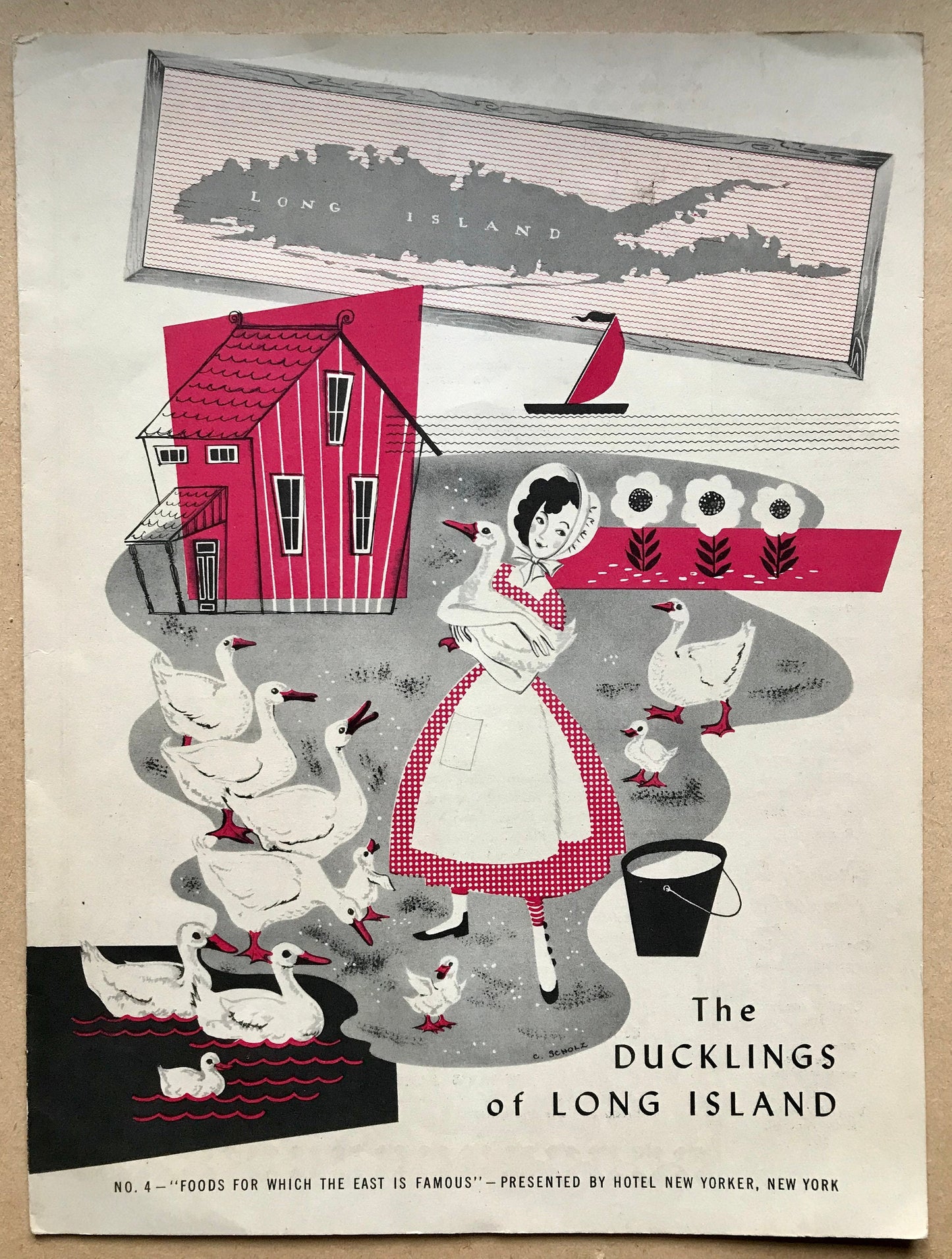 4 Original Menus Presented To Hotel Guests by The Hotel New Yorker in 1950. Artwork by C. Scholtz. Size: 30.5 x 23 cms.