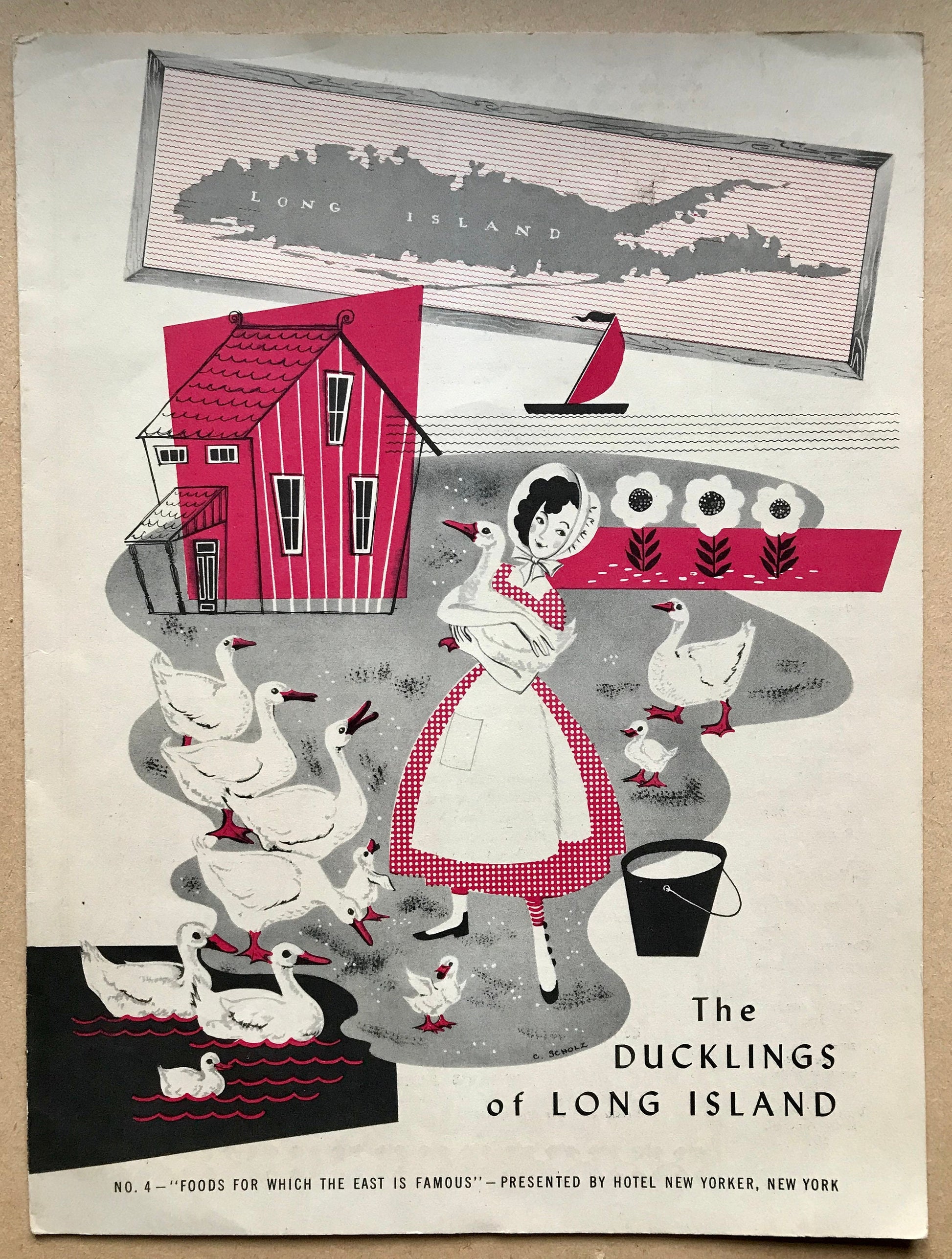 4 Original Menus Presented To Hotel Guests by The Hotel New Yorker in 1950. Artwork by C. Scholtz. Size: 30.5 x 23 cms.