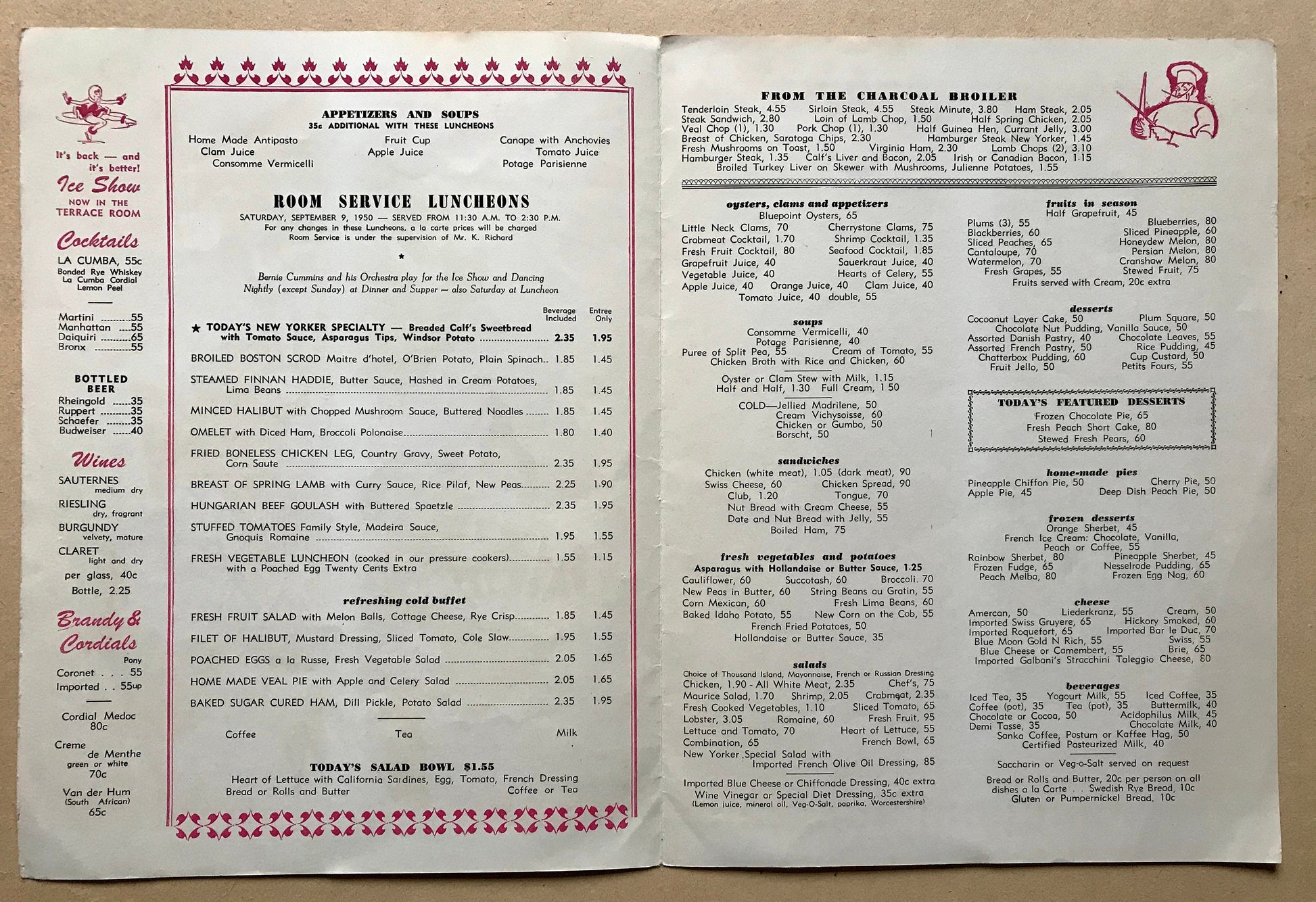 4 Original Menus Presented To Hotel Guests by The Hotel New Yorker in 1950. Artwork by C. Scholtz. Size: 30.5 x 23 cms.