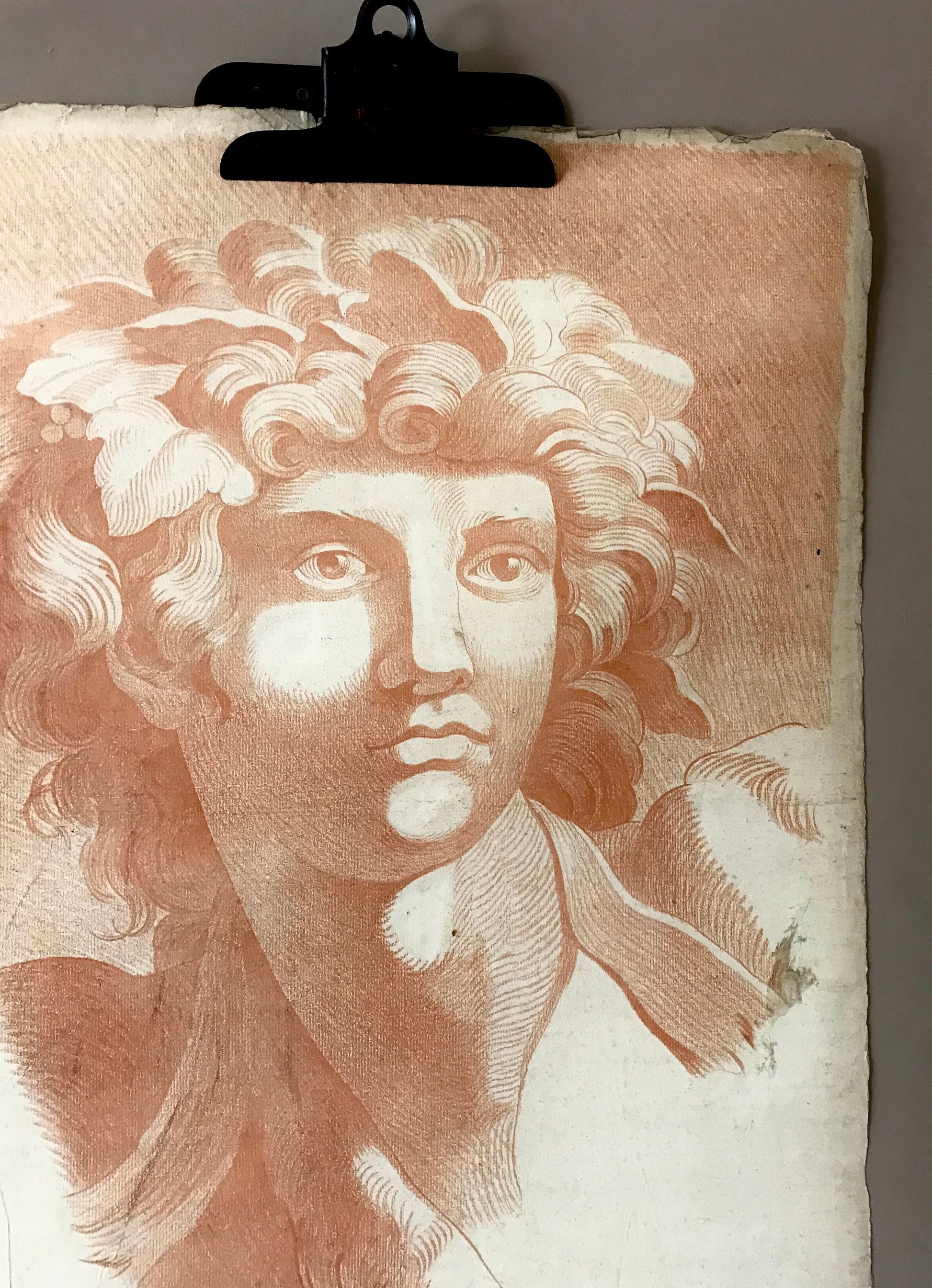 An Original 18th Century Sanguine Portrait. A Study of The Head of a Young Man. Dionysus or Bacchus. Handmade Paper. Large: 60 x 46 cms.