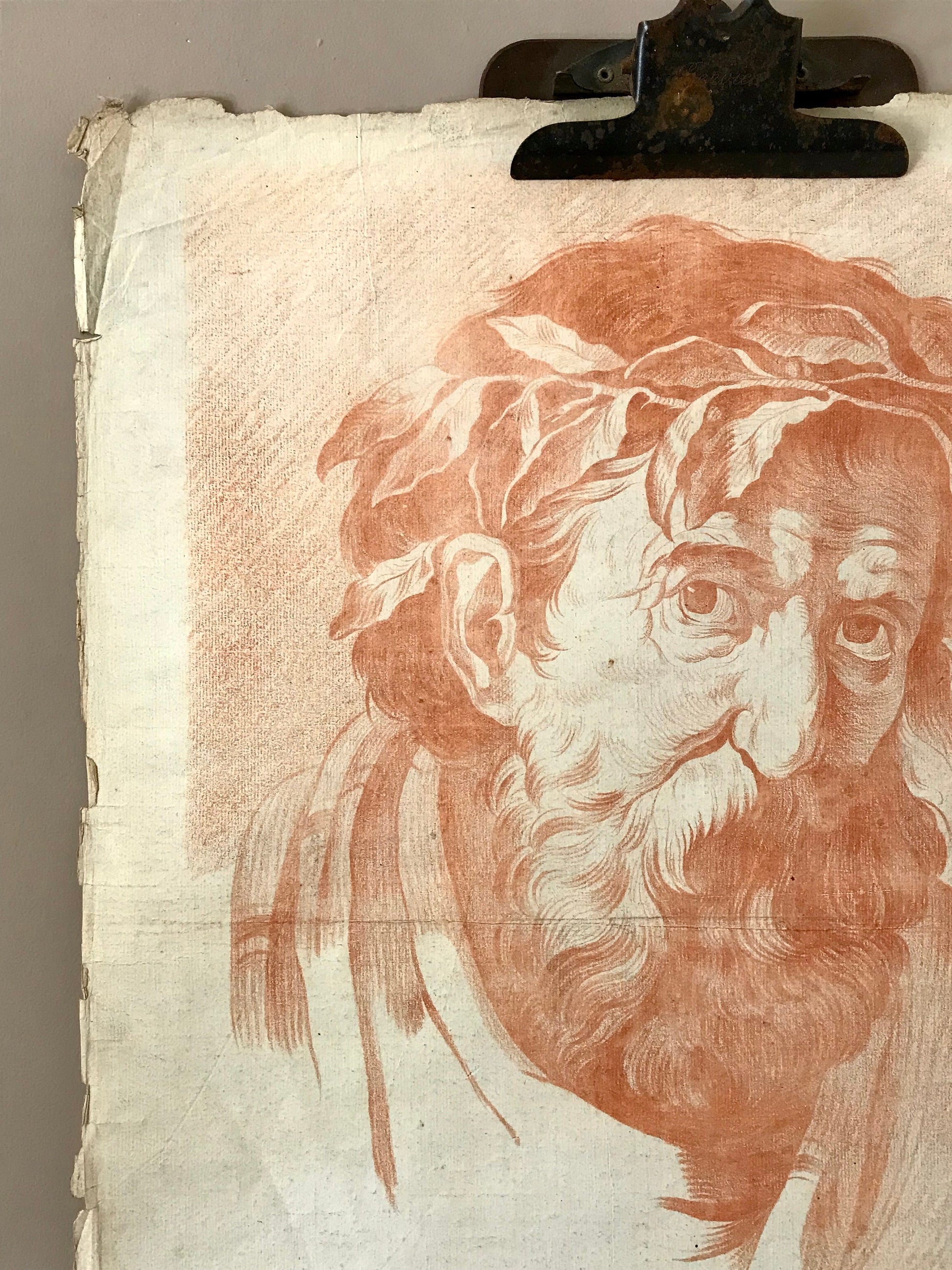 An Original 18th Century Sanguine Portrait. A Study of The Head of an Elderly Man. Handmade Paper. Large: 62 x 47 cms.