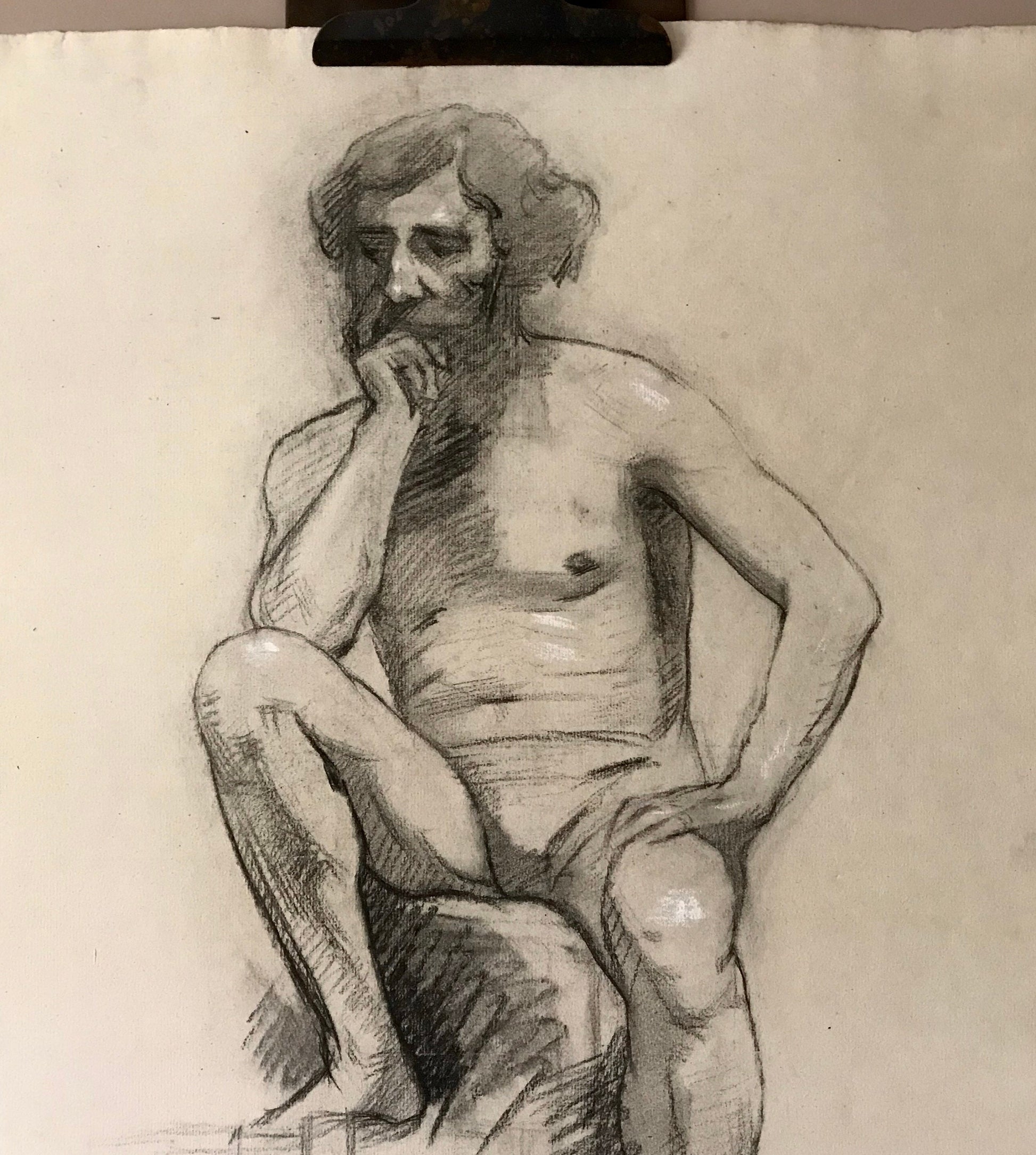A Original Drawing From Life of a Seated Man. Charcoal With White Highlights. Early 1900’s. Large: 63 x 48 cms.