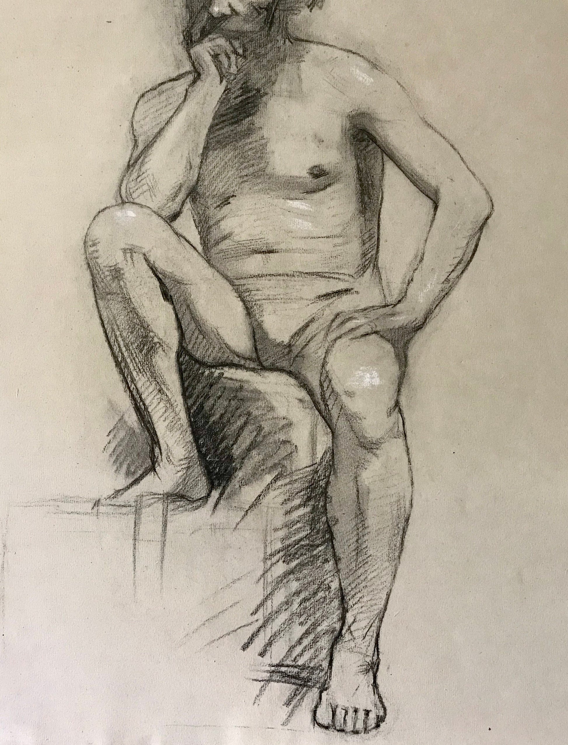A Original Drawing From Life of a Seated Man. Charcoal With White Highlights. Early 1900’s. Large: 63 x 48 cms.