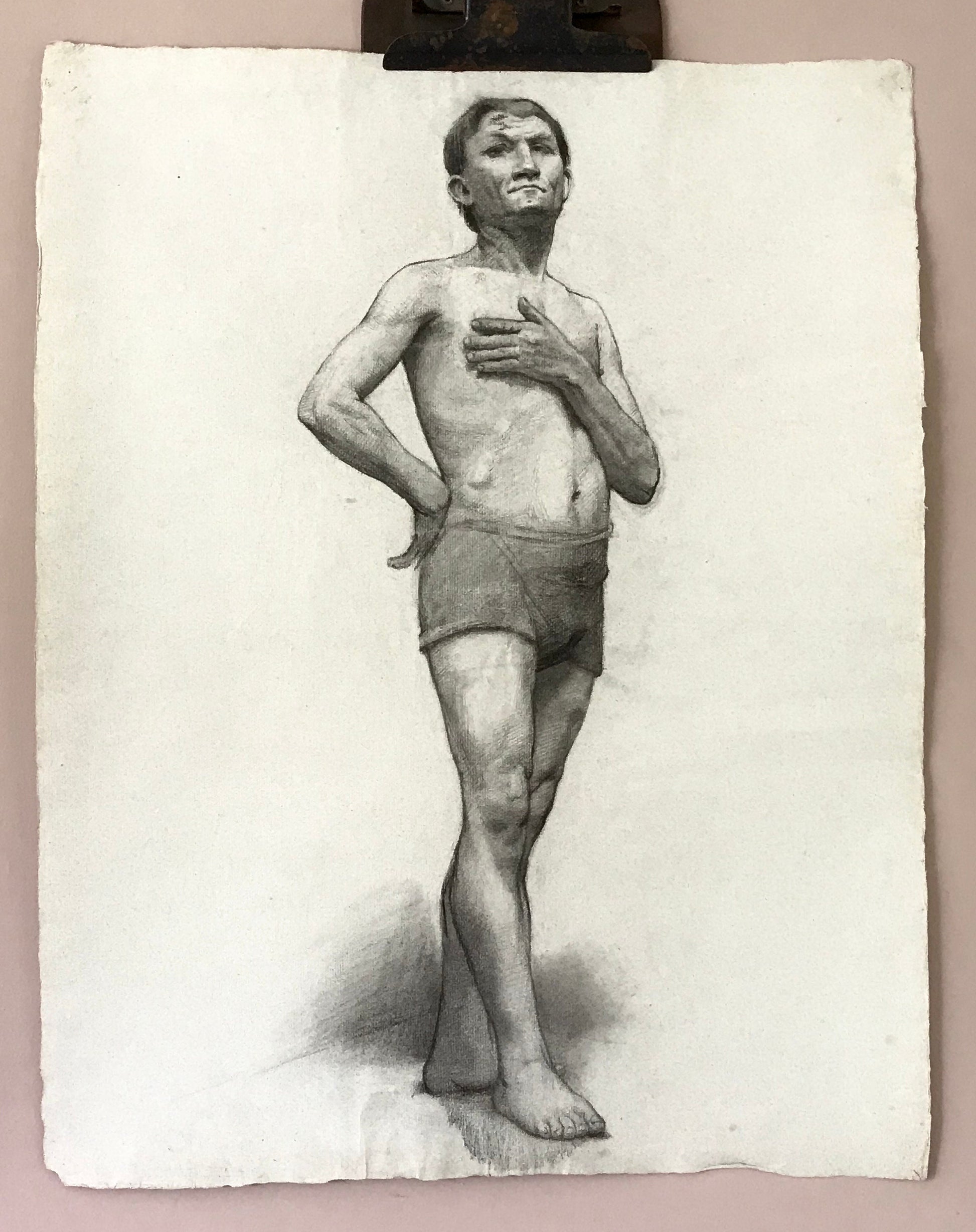 A Original Charcoal life Drawing of a Man. A French Art School Piece. Early 1900’s. Large: 61 x 49 cms.