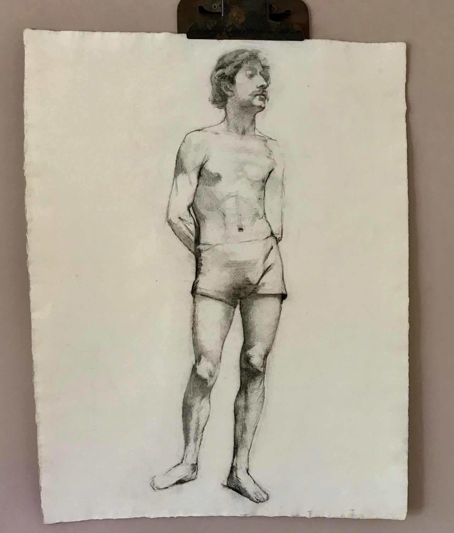 A Original Charcoal Life Drawing of a Man. A French Art School Piece. Early 1900’s. Large: 63 x 48 cms.