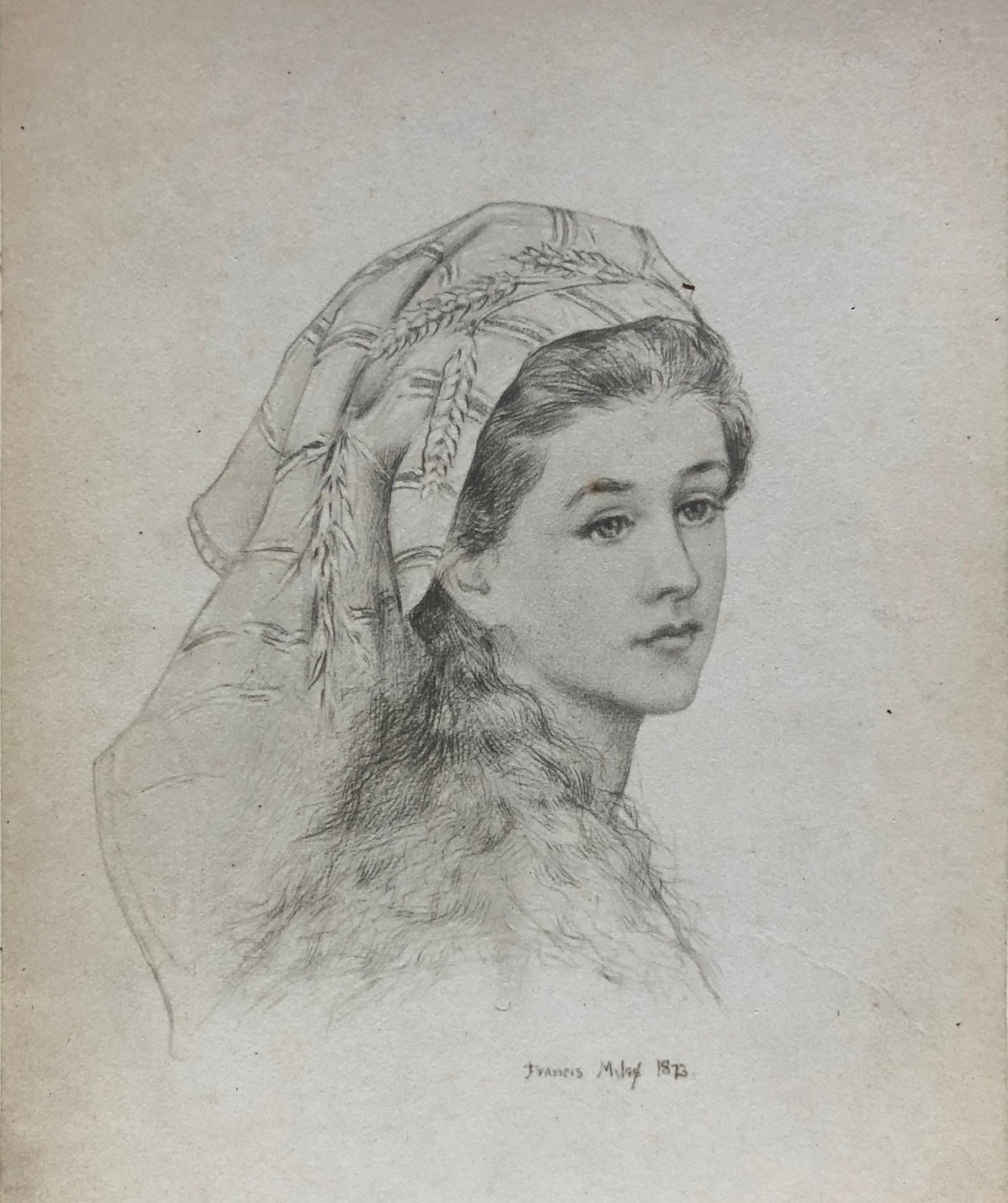 5 Cabinet Cards. Copies of Pencil Drawings of Women by Francis Miles. In Red Cloth Portfolio. Dated 1872. Size: 16.5 x 10.5 cms.