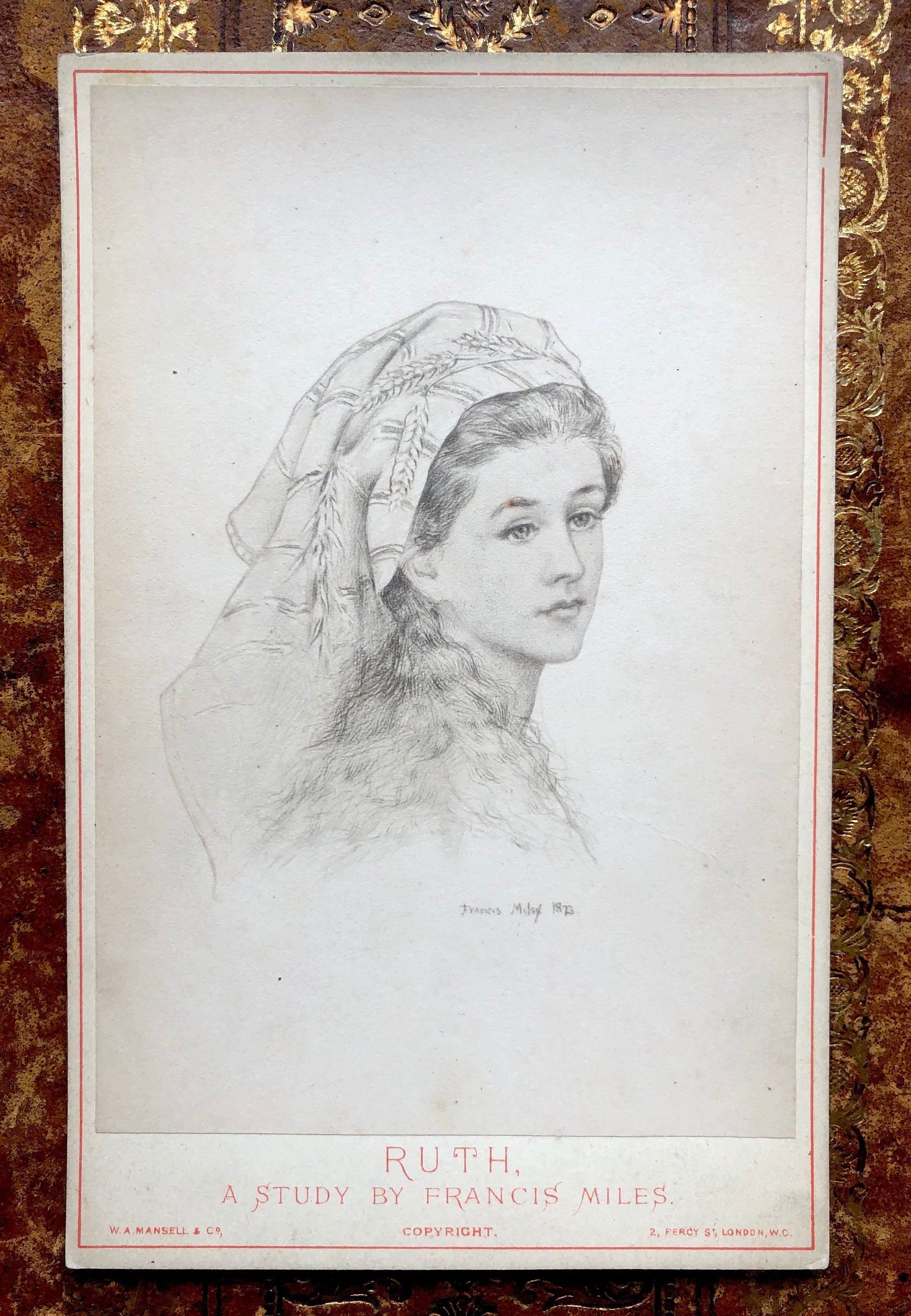 5 Cabinet Cards. Copies of Pencil Drawings of Women by Francis Miles. In Red Cloth Portfolio. Dated 1872. Size: 16.5 x 10.5 cms.