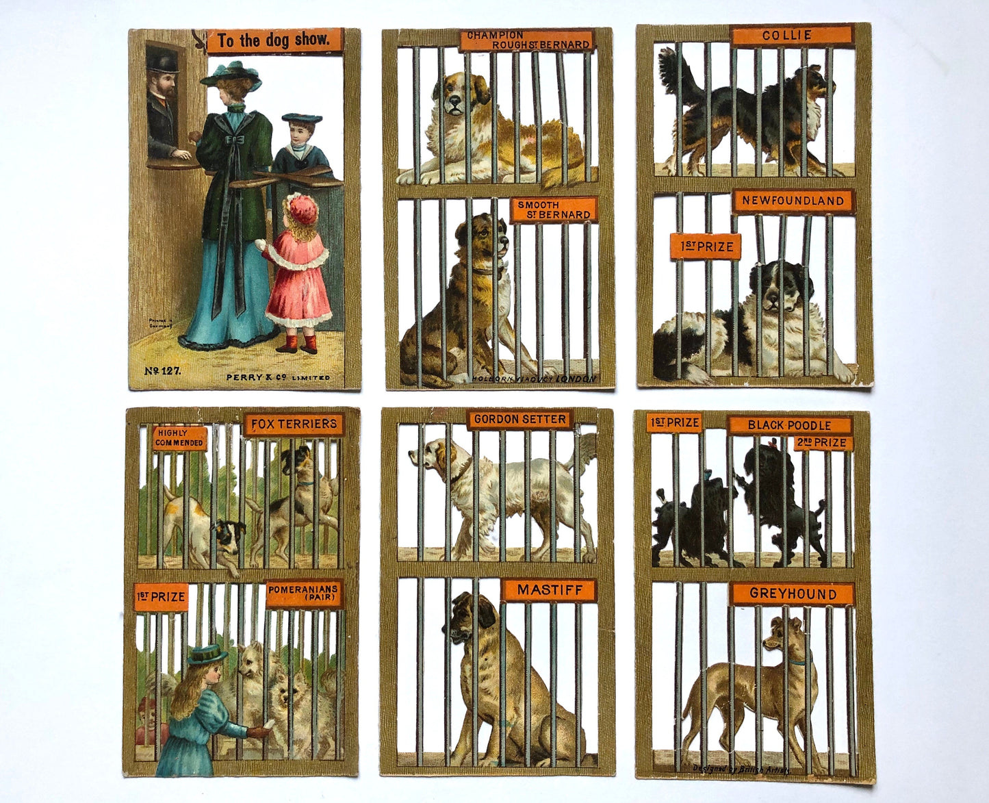 A set of Six Victorian Scraps by Perry & Co. Limited. The Dog Show. Size: 11.7 x 7.5 cms