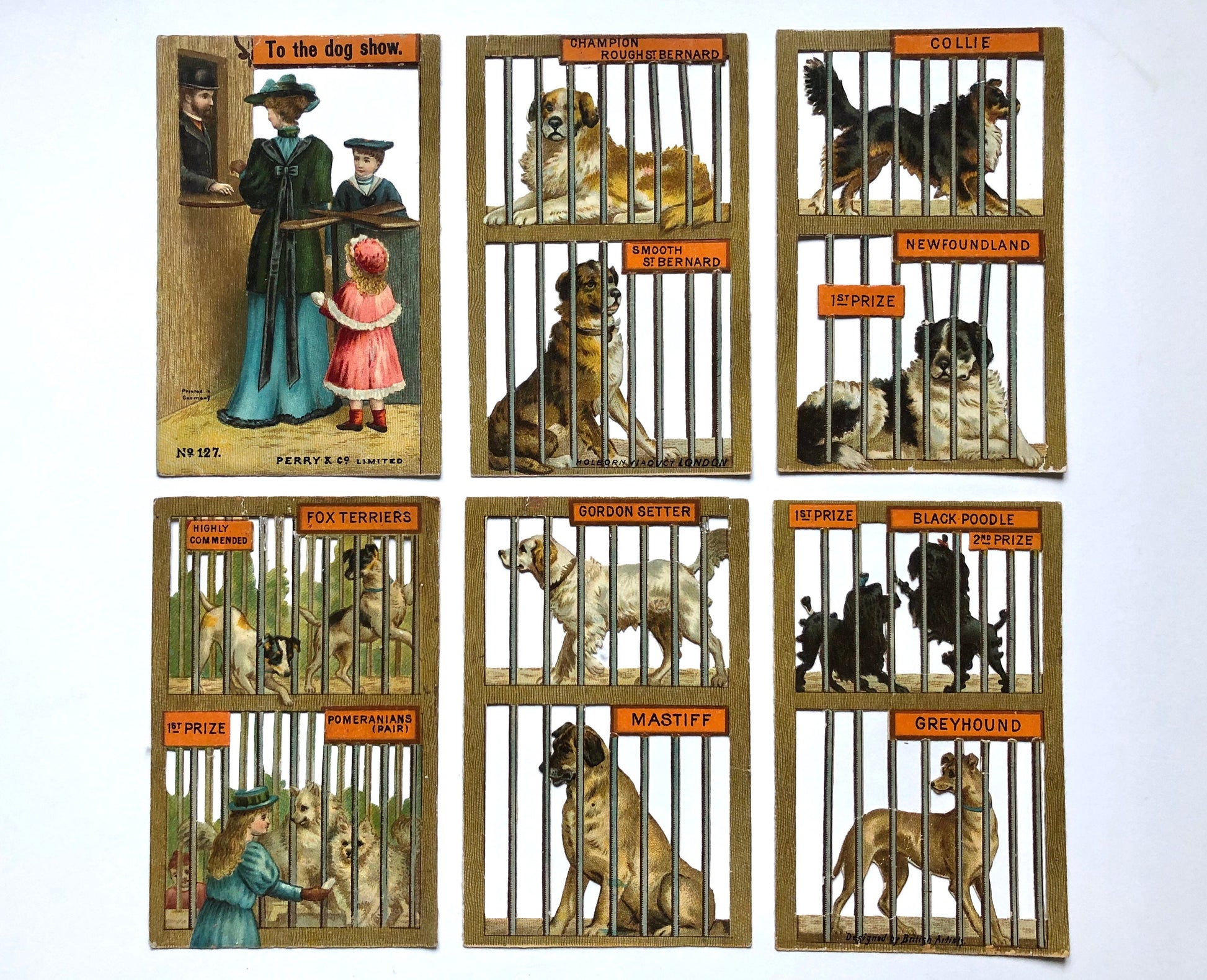 A set of Six Victorian Scraps by Perry & Co. Limited. The Dog Show. Size: 11.7 x 7.5 cms