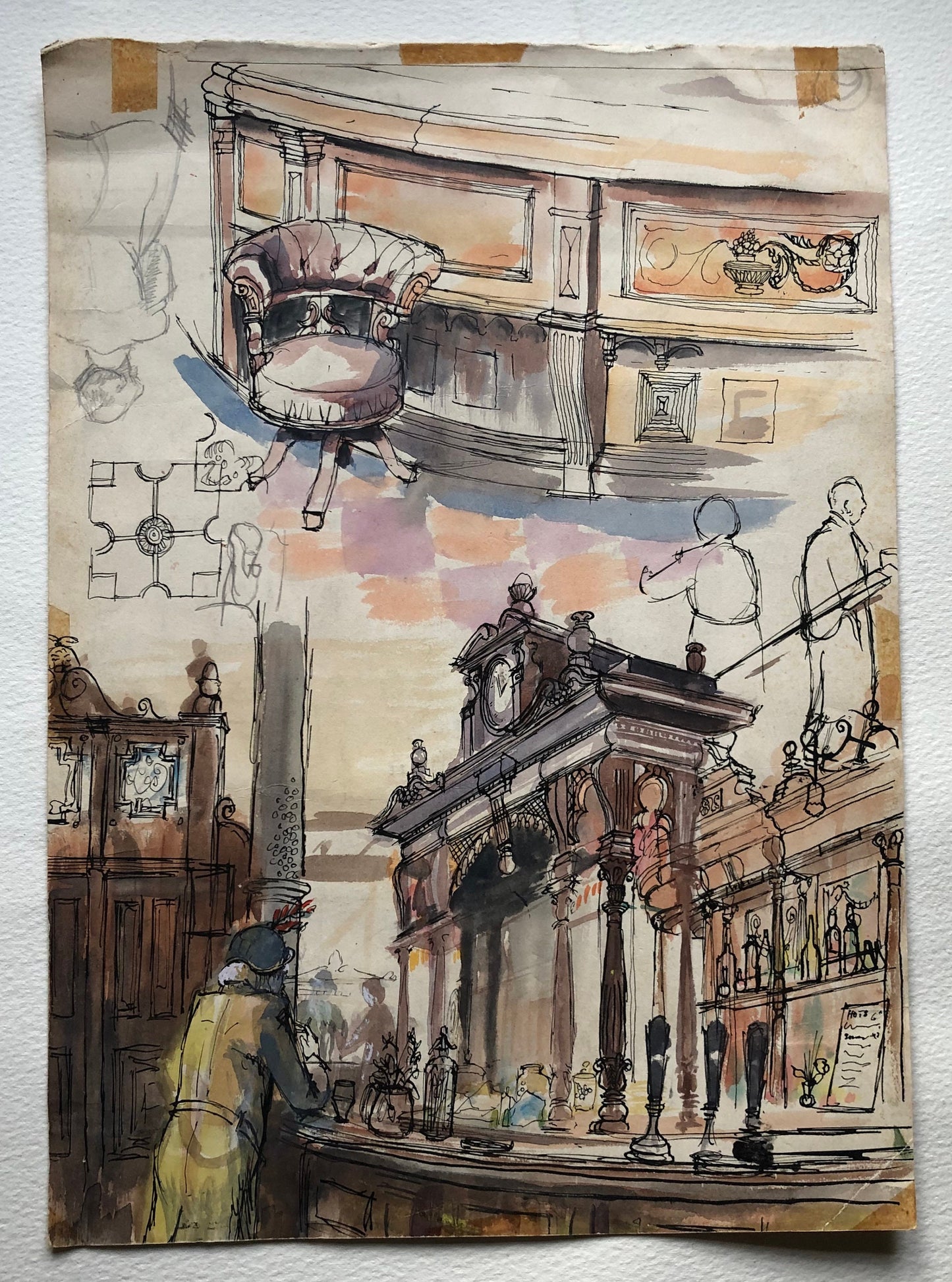 An Excellent Double-sided Watercolour Sketch of a Victorian Pub. Unknown Artist. Possibly 1920’s. Size: 35 x 25 cms.