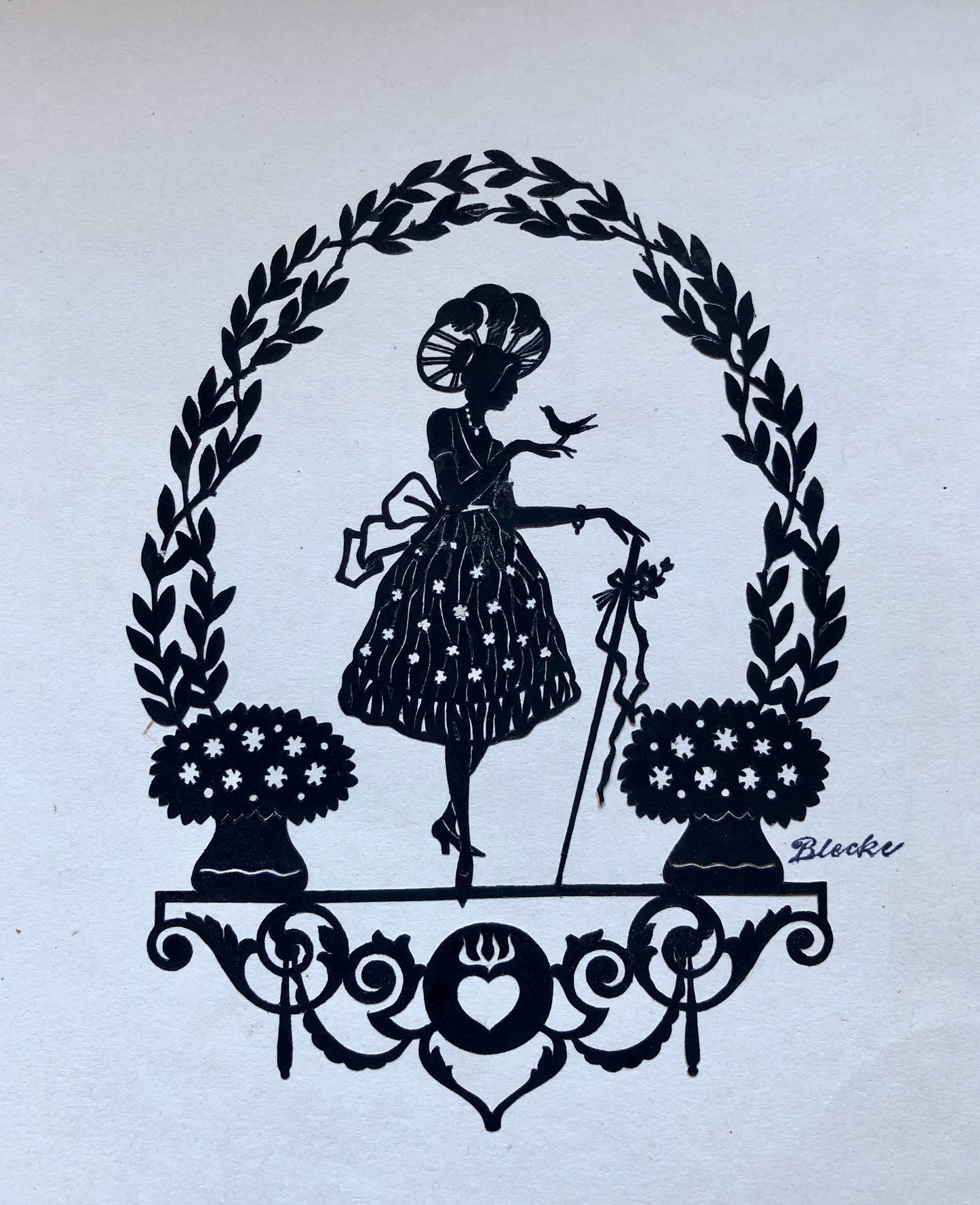 A Group of Eight Papercuts or Scherenschnitte by Gertrude Blecke. From the 1920’s. Various sizes. The largest is 31.5 x 24.5 cms.