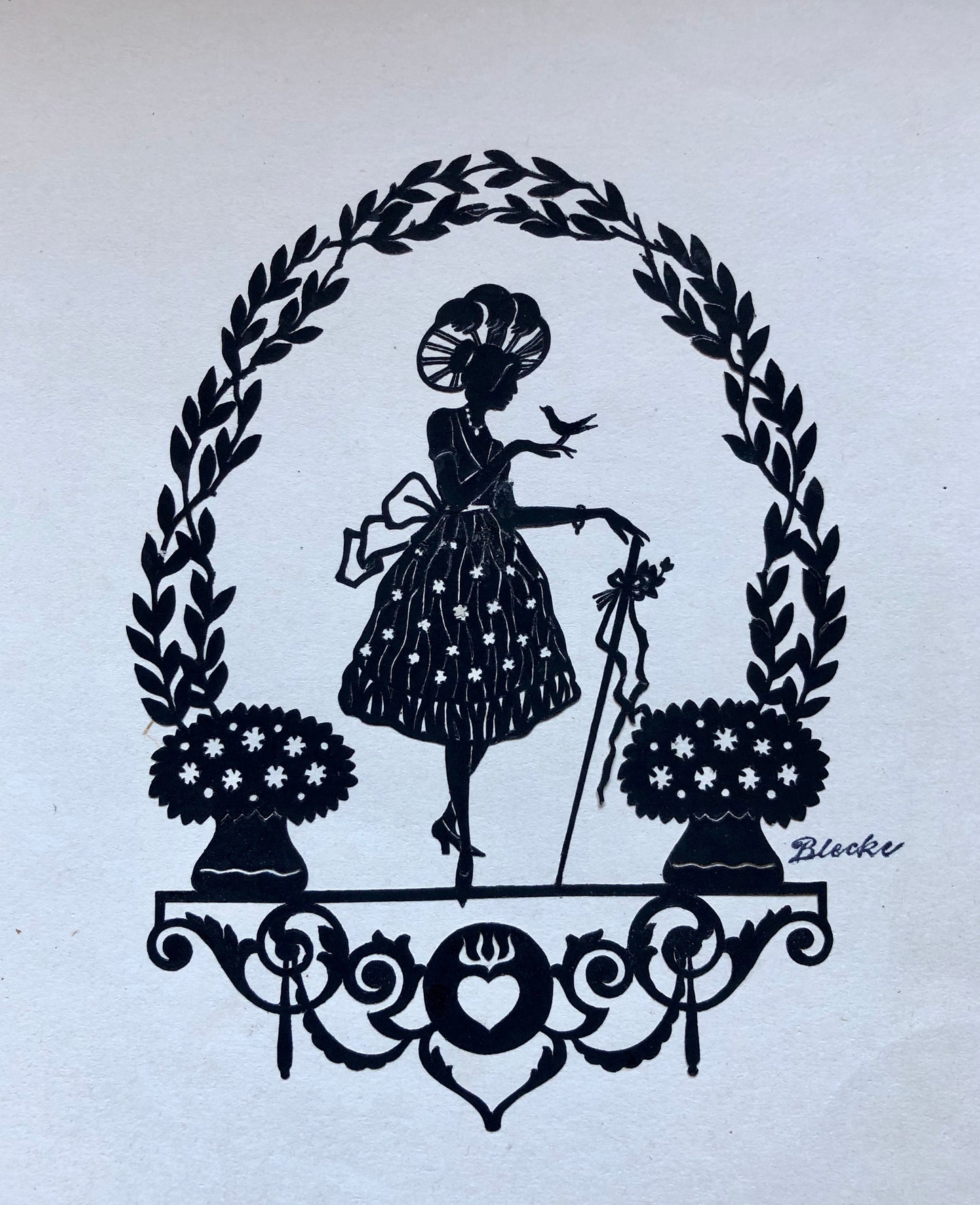A Group of Eight Papercuts or Scherenschnitte by Gertrude Blecke. From the 1920’s. Various sizes. The largest is 31.5 x 24.5 cms.
