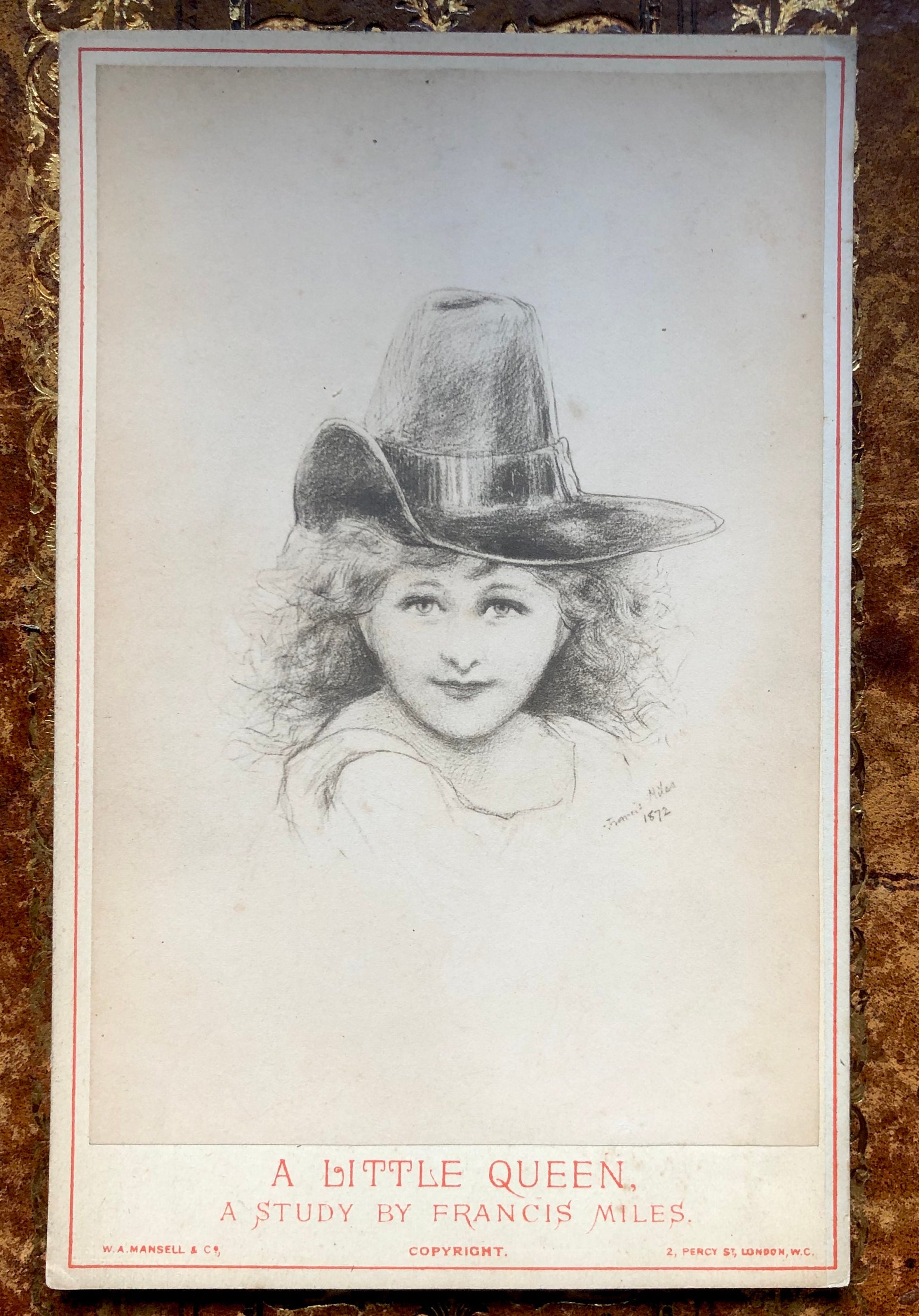 5 Cabinet Cards. Copies of Pencil Drawings of Women by Francis Miles. In Red Cloth Portfolio. Dated 1872. Size: 16.5 x 10.5 cms.