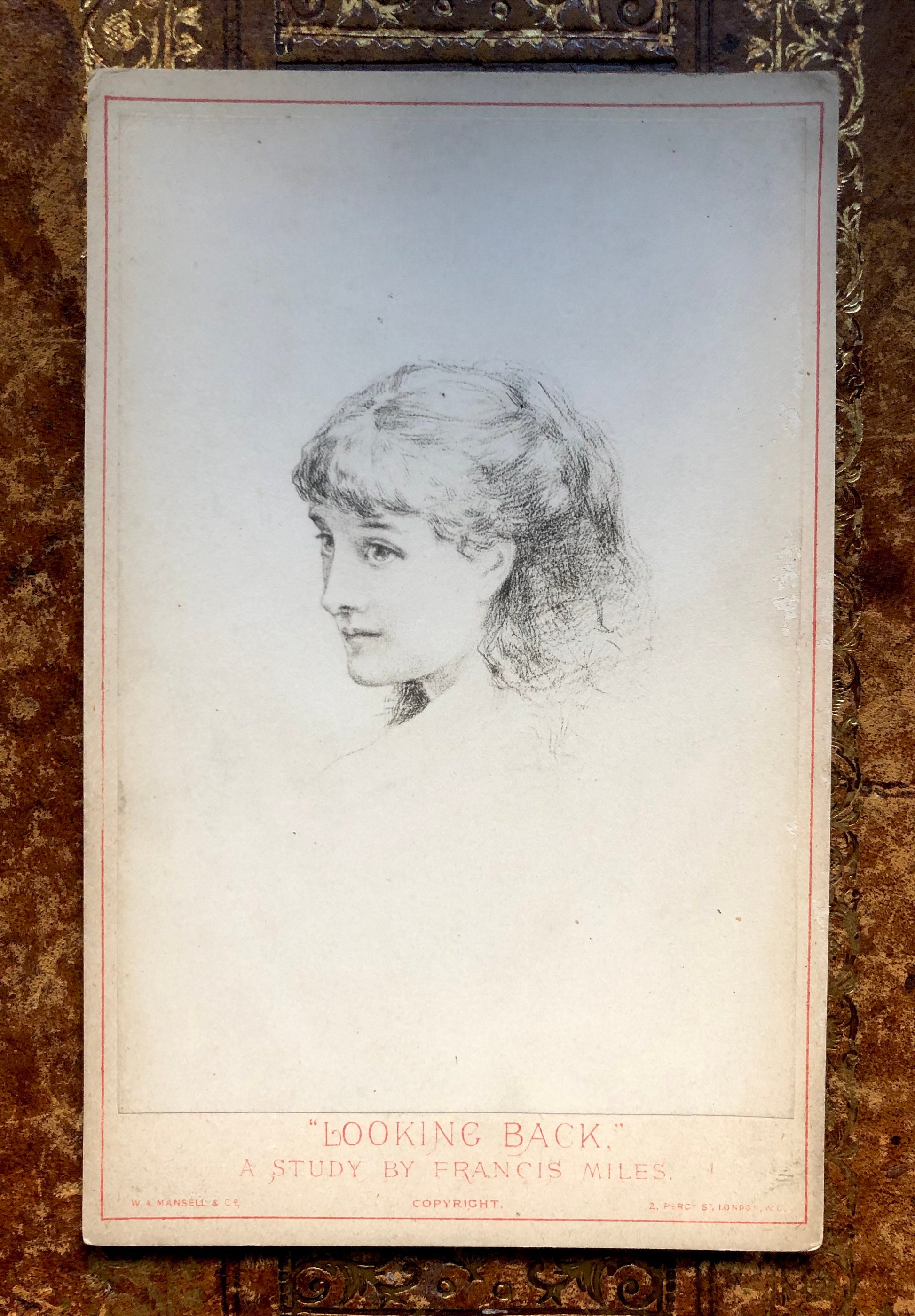 5 Cabinet Cards. Copies of Pencil Drawings of Women by Francis Miles. In Red Cloth Portfolio. Dated 1872. Size: 16.5 x 10.5 cms.