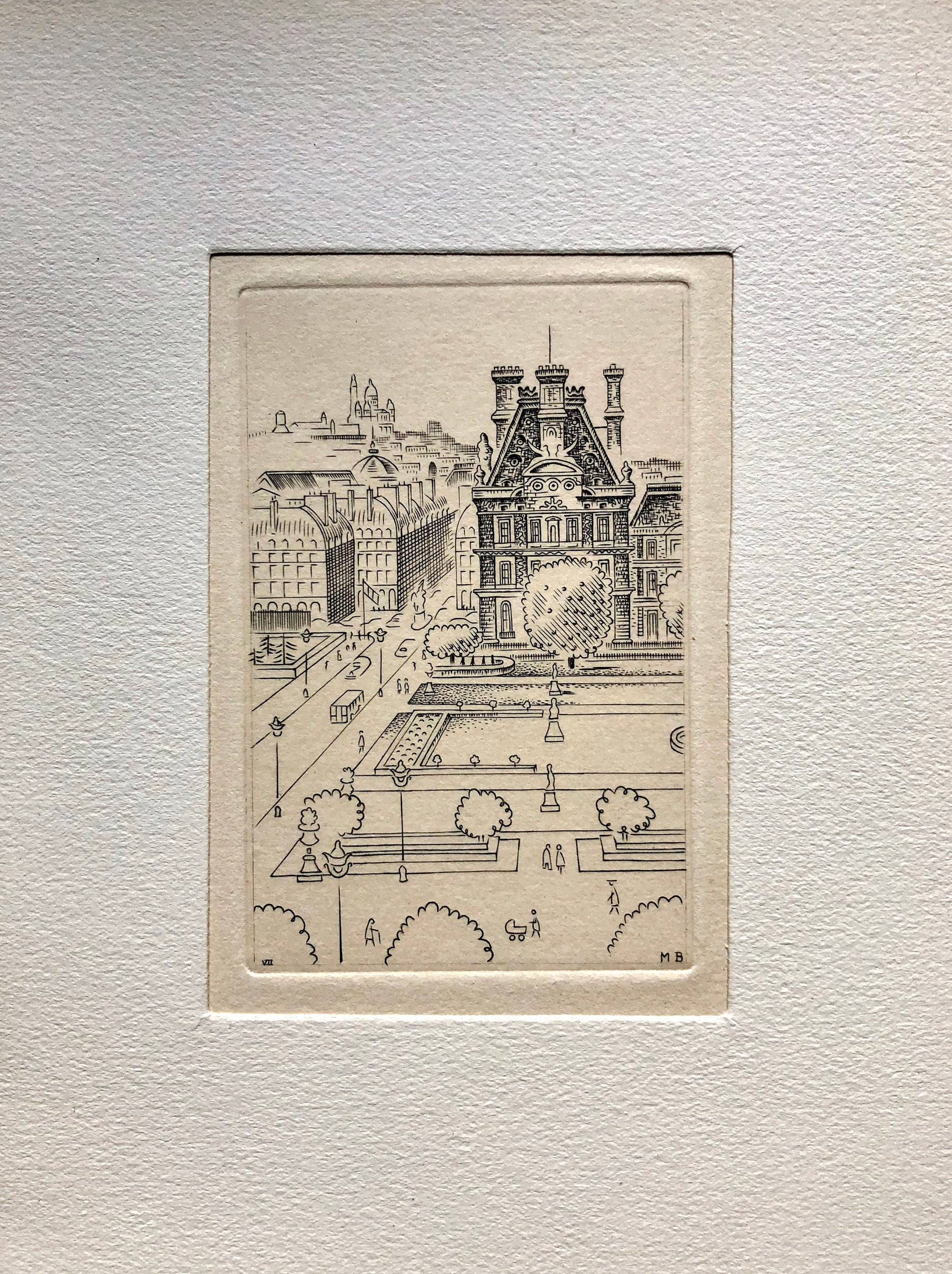 A Set of 8 Original Engravings of Paris. Dating from the 1960’s they Show Iconic Landmarks and Scenes. Signed M. B. Size: 22.5 x 16 cms.