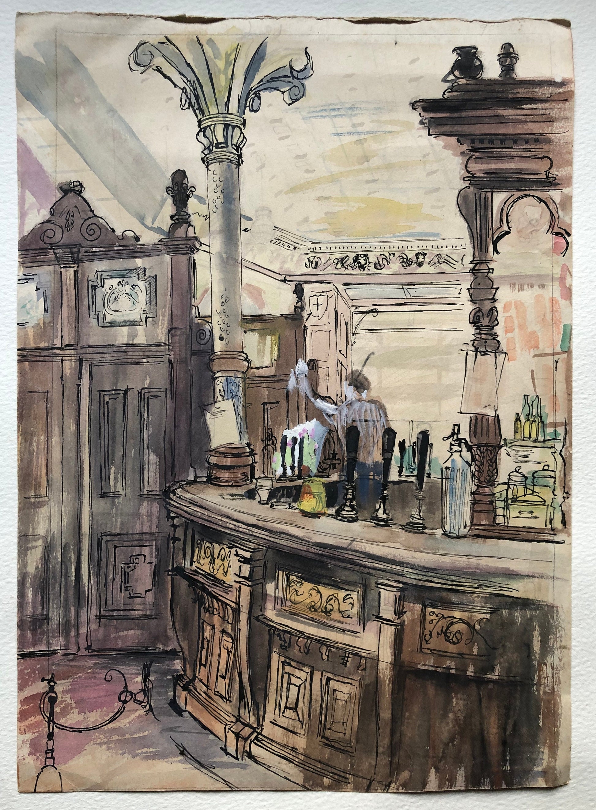 An Excellent Double-sided Watercolour Sketch of a Victorian Pub. Unknown Artist. Possibly 1920’s. Size: 35 x 25 cms.