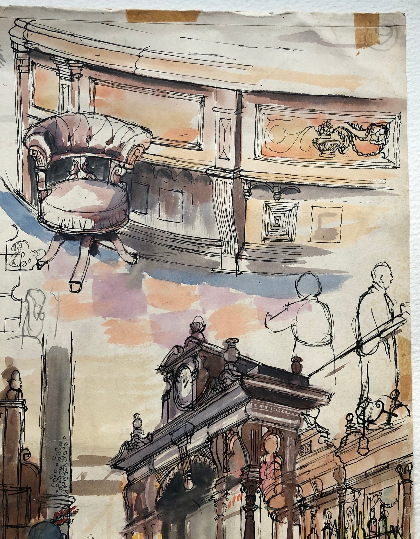 An Excellent Double-sided Watercolour Sketch of a Victorian Pub. Unknown Artist. Possibly 1920’s. Size: 35 x 25 cms.