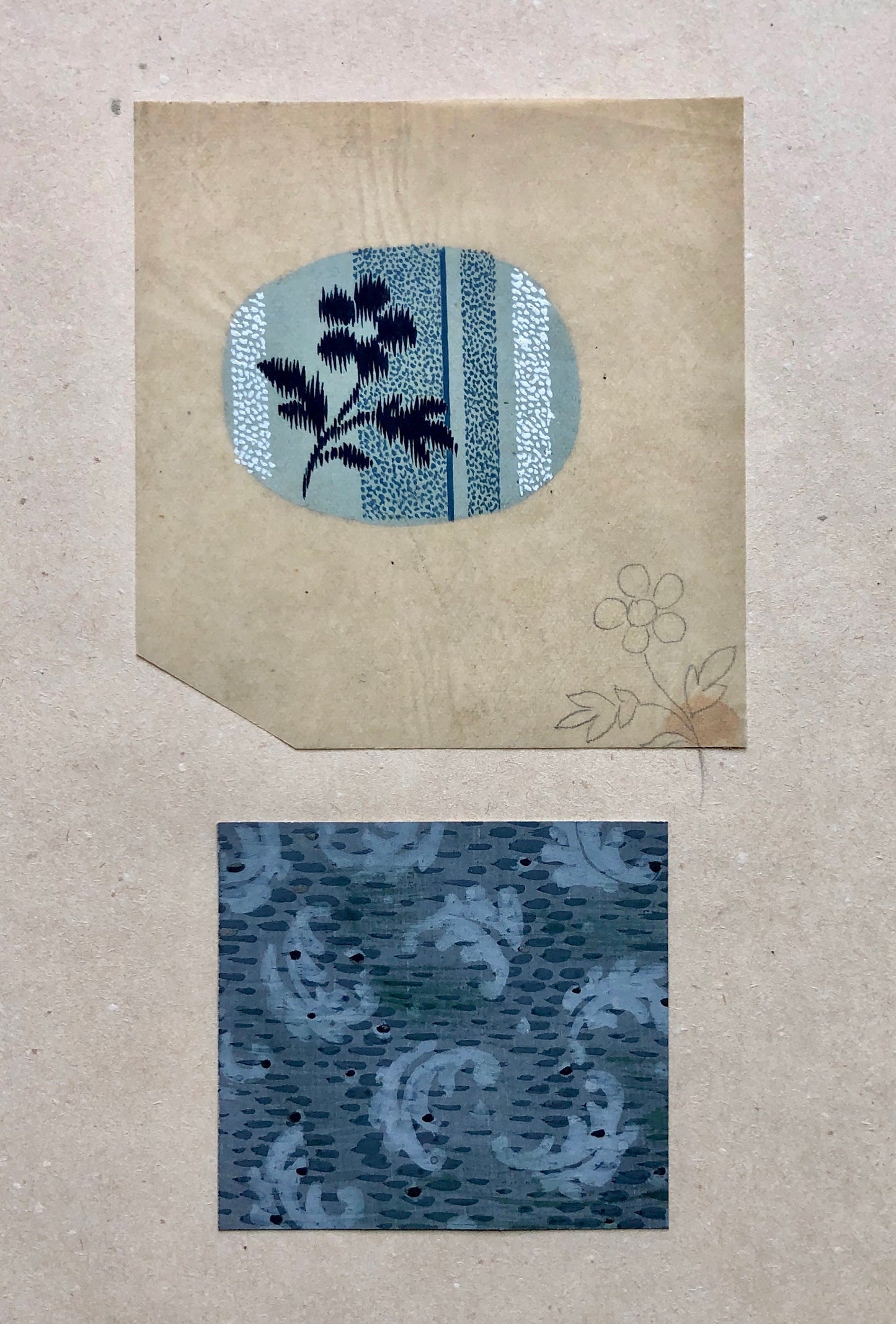 Two Original French Textile Designs From The Early 1900’s. Hand Painted. Produced in Lyon and Rouen. 8.5 x 9 cms and 5.5 x 6 cms.