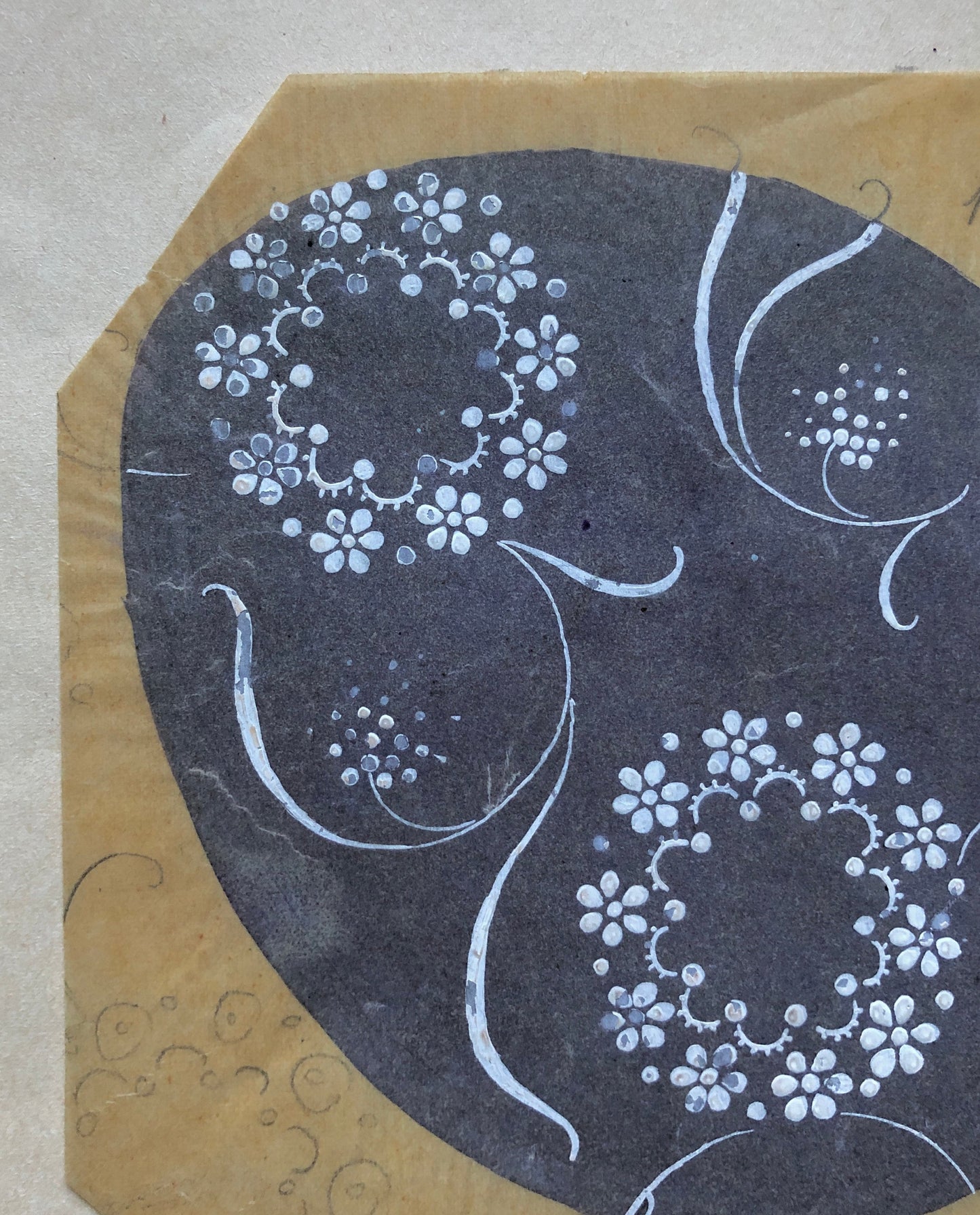 An Original Hand Painted Antique French Textile Design. Blue Grey Ground & White Flowers. Produced in Lyon in 1911. Size: 15.5 x 14.5 cms.
